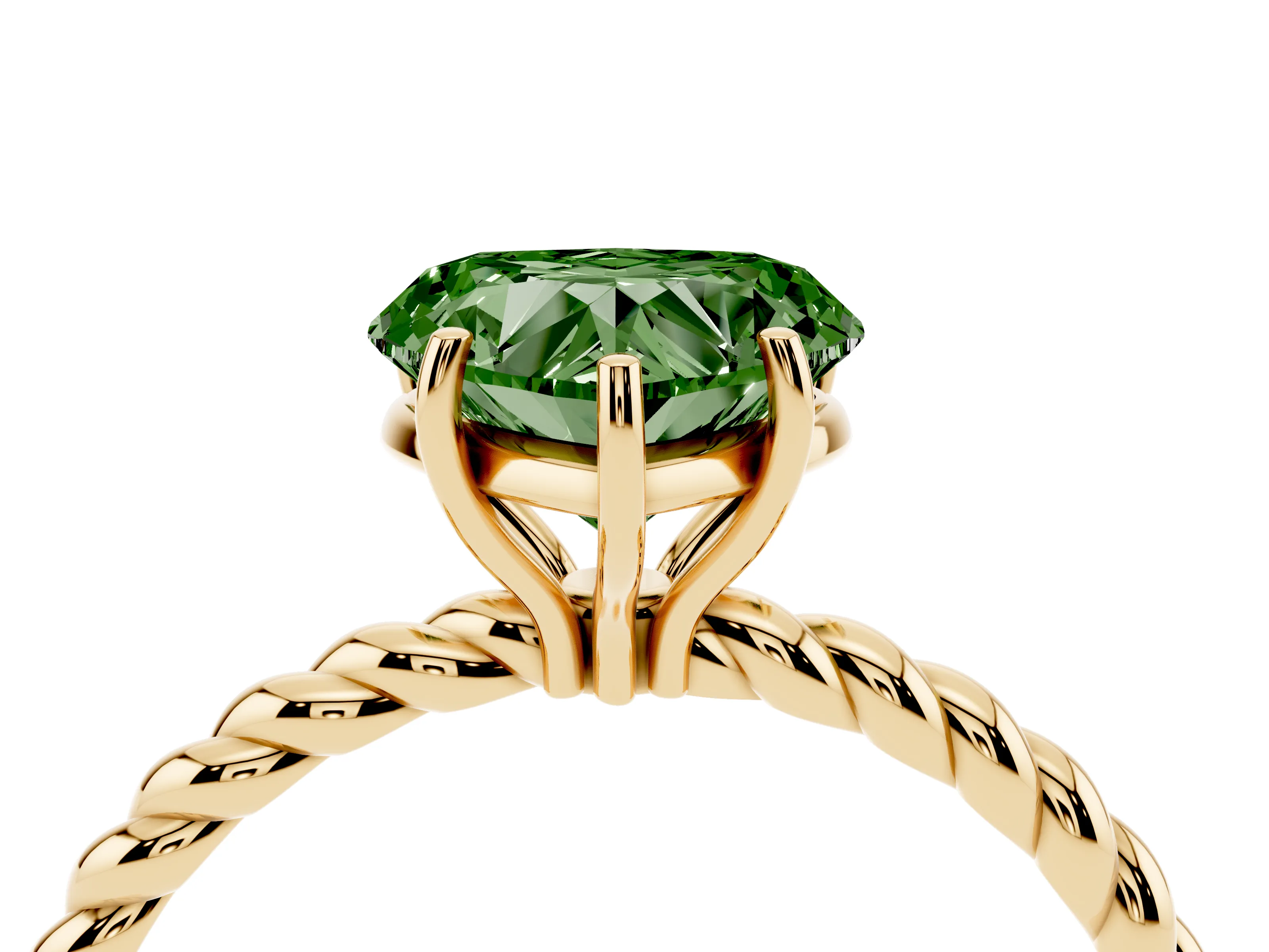 Fancy Green Heart Cut Diamond Solitaire Ring Set in Yellow gold with Twist Band and Prong Setting