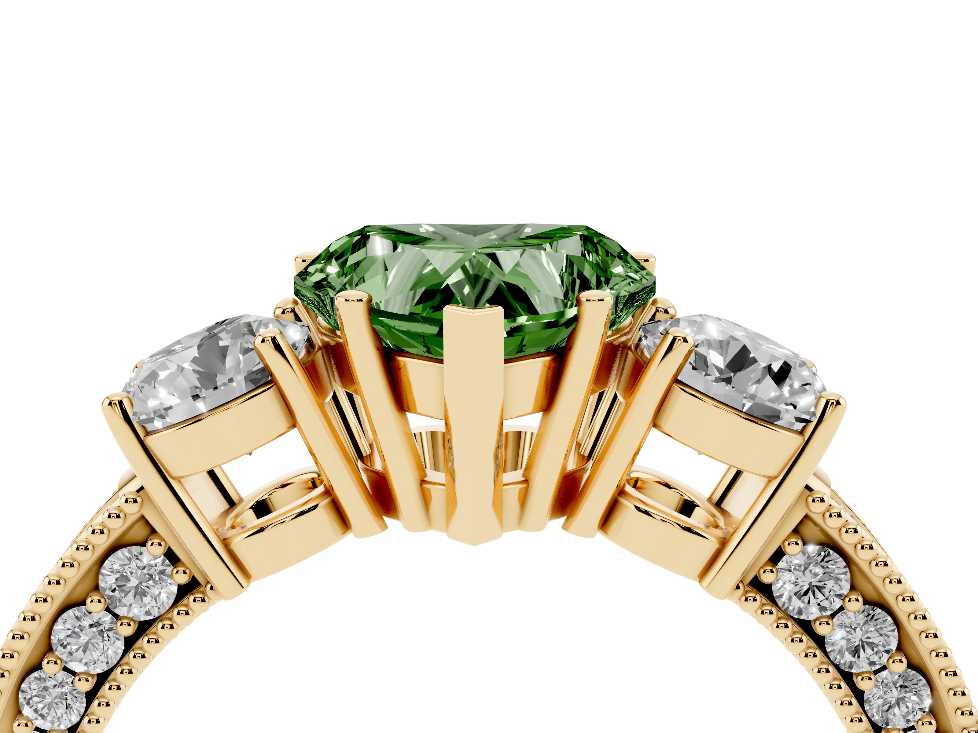 Fancy Green Heart Cut Diamond Three-Stone Ring Set in Yellow gold with Round Side Stones and Pavé Band