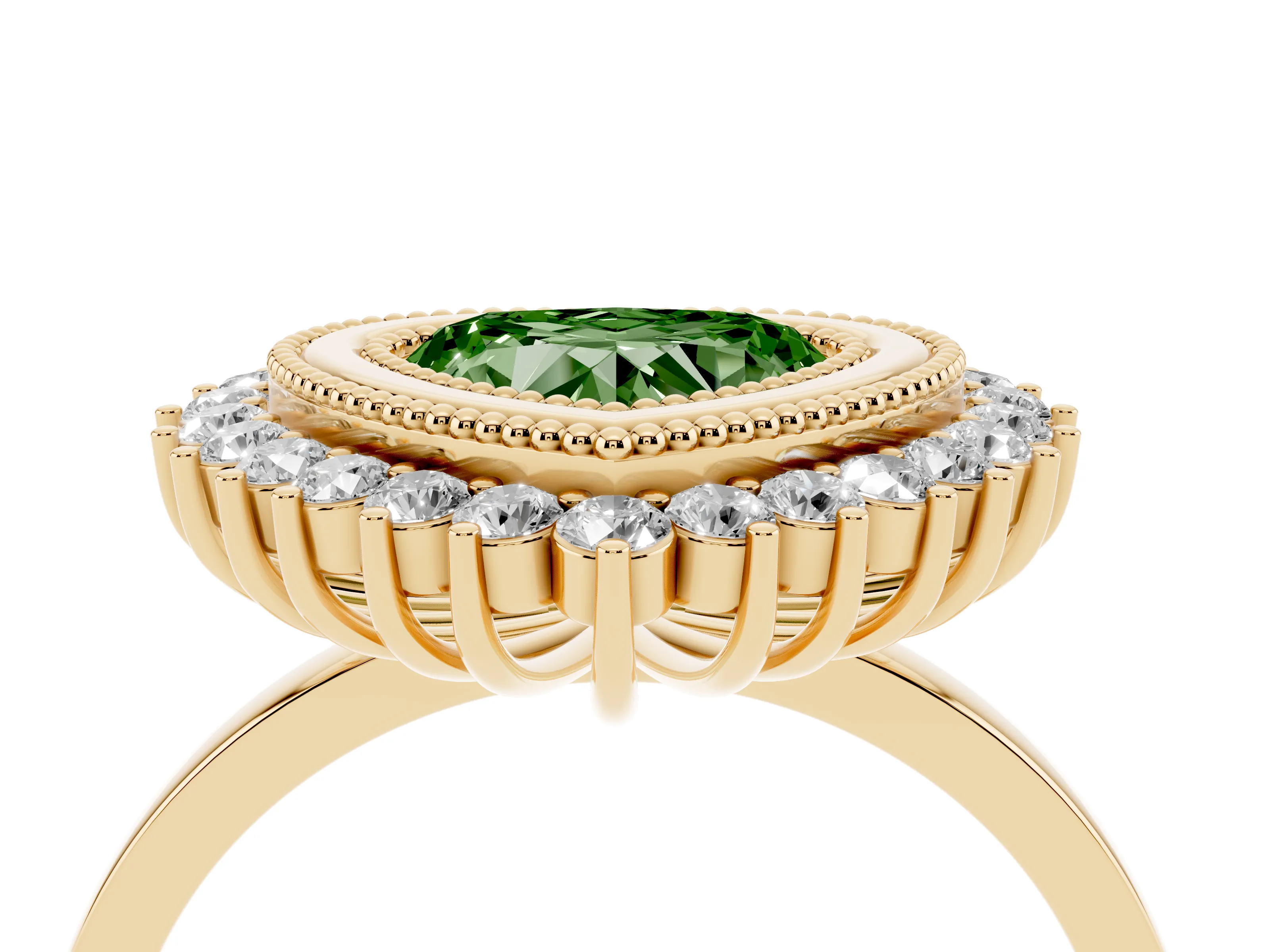 Fancy Green Heart Cut Diamond Halo Ring Set in Yellow gold with Milgrain Edge and Round Prong Setting