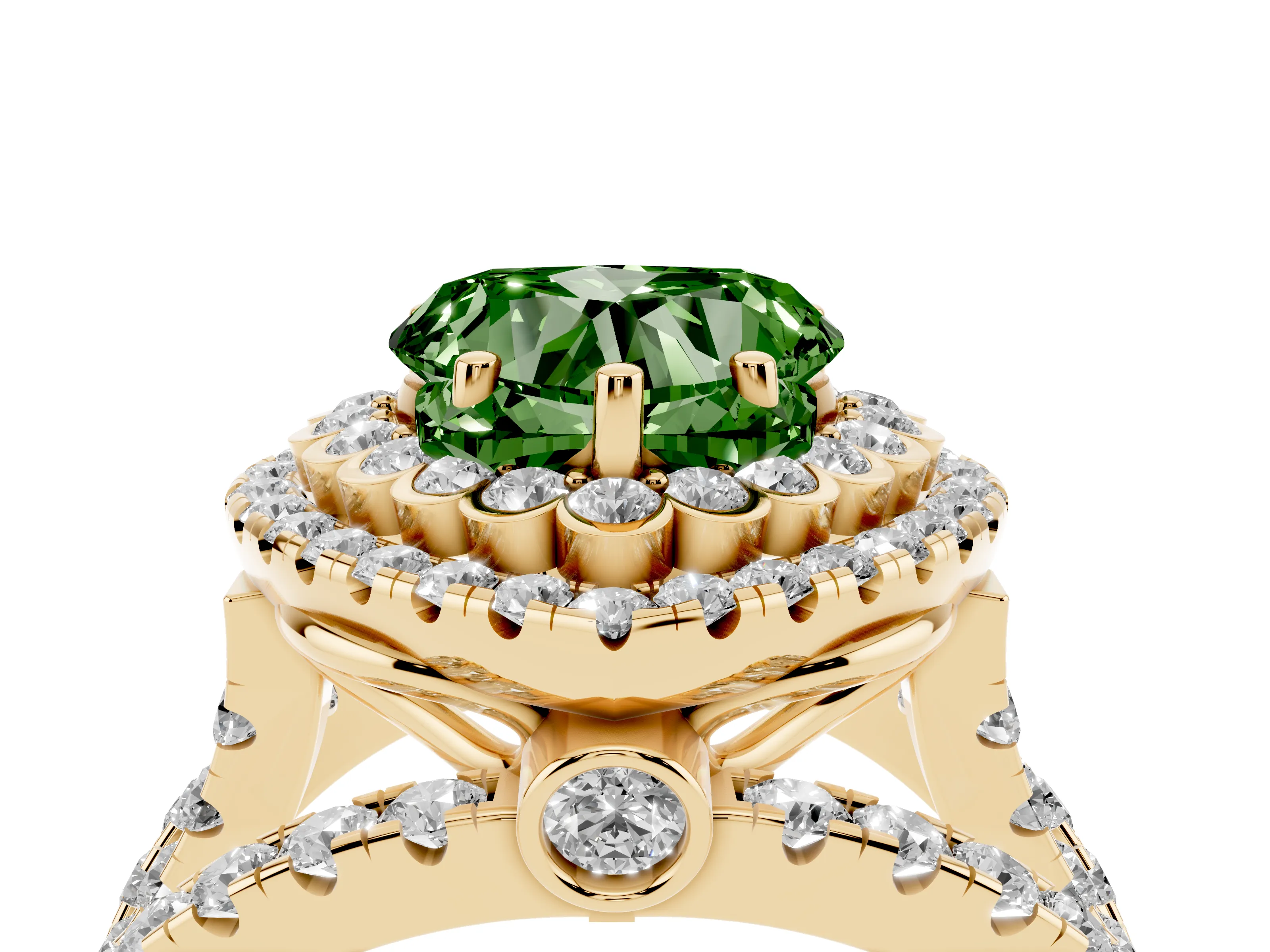 Fancy Green Heart Cut Diamond Double Halo Ring Set in Yellow gold with Round Pavé Split Shank