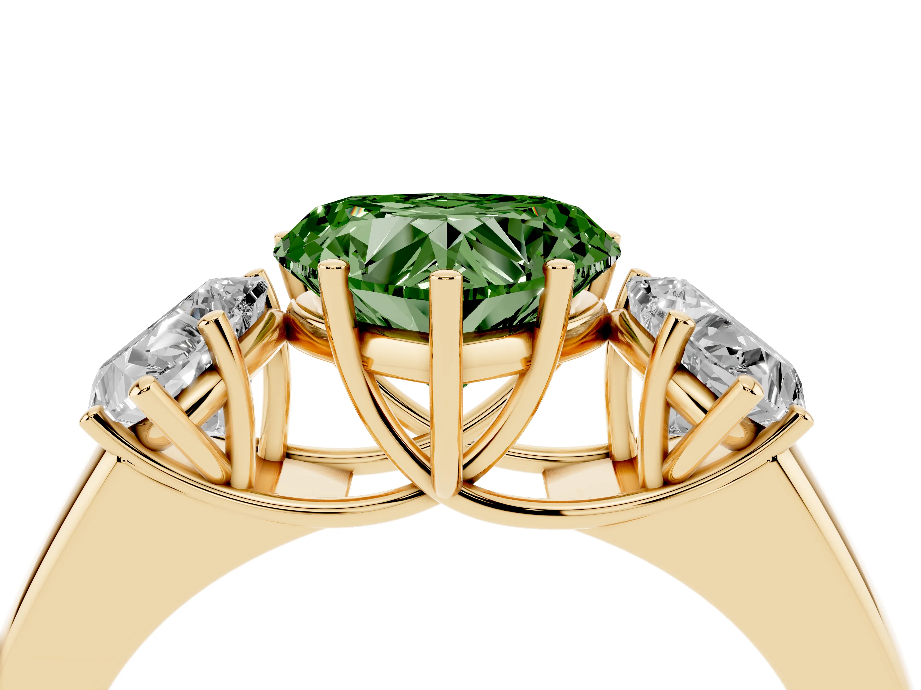 Fancy Green Three-Stone Heart Cut Diamond Ring Set in Yellow gold with Matching Prong Settings and Plain Band