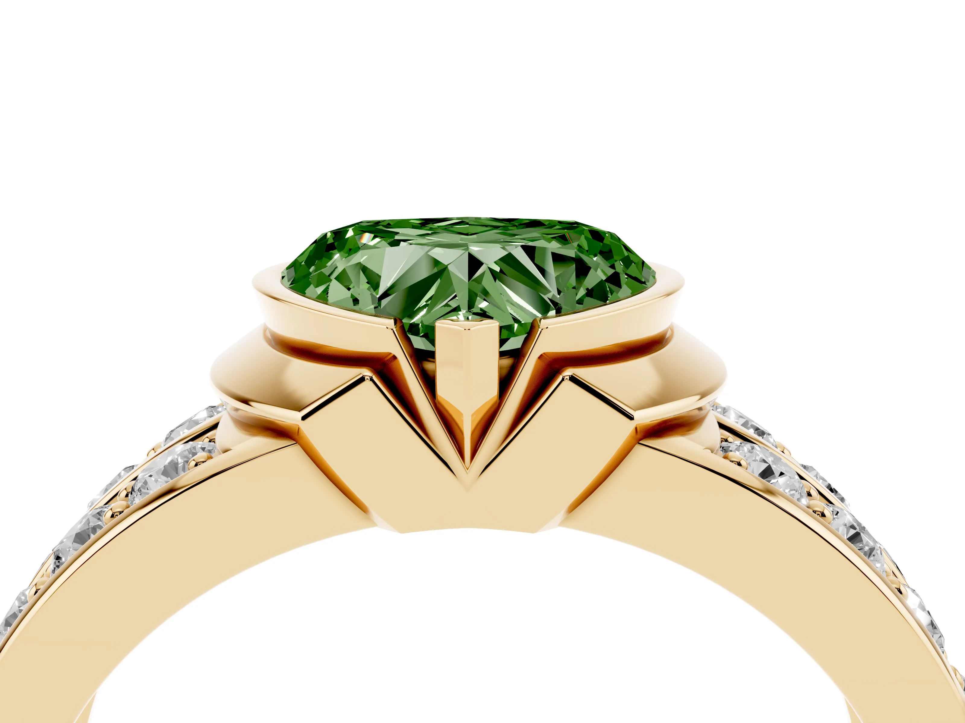 Fancy Green Heart Cut Diamond Wide Channel Set Band Ring Set in Yellow gold with Bezel Setting