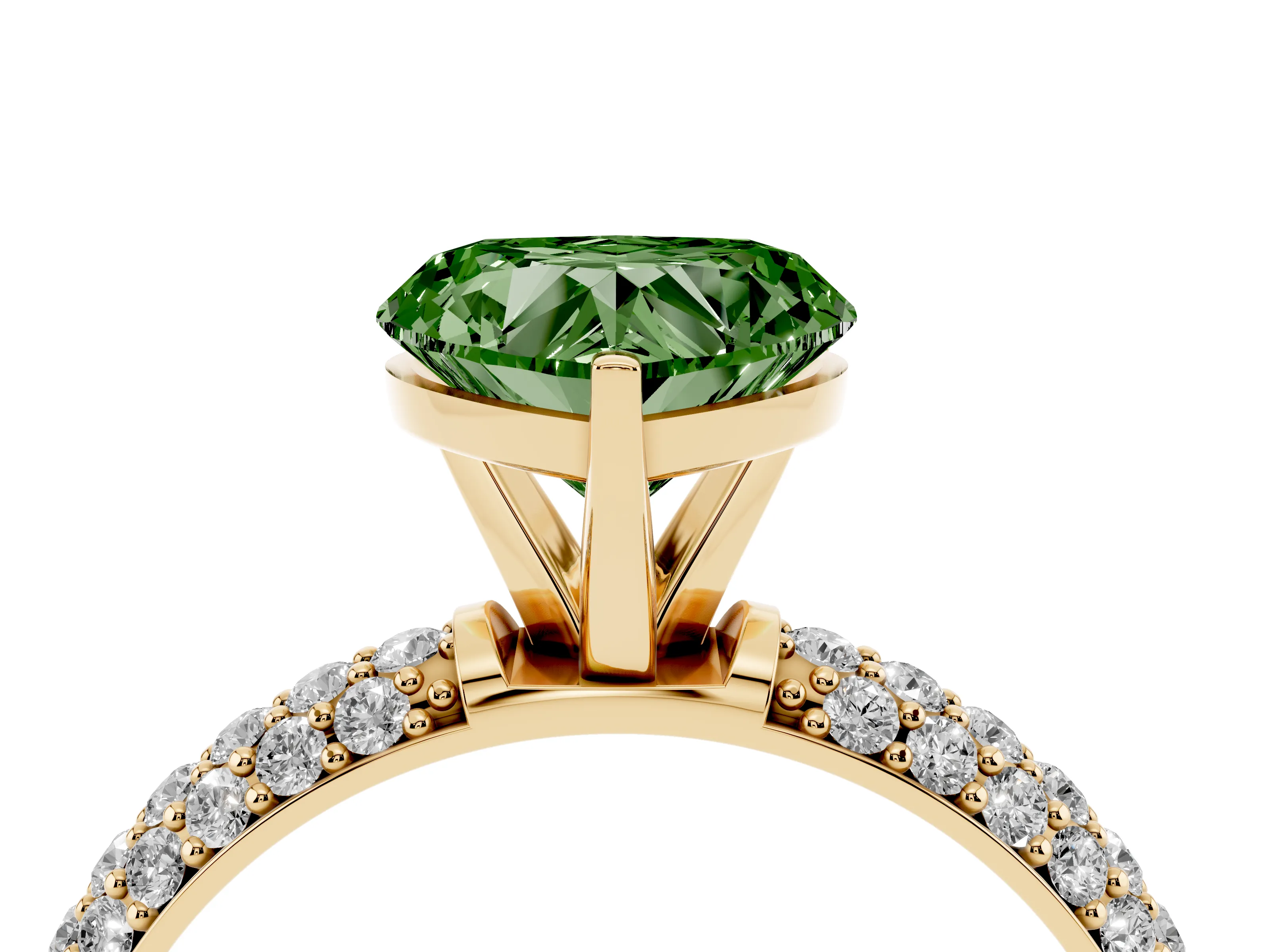 Fancy Green Heart Cut Diamond Solitaire Ring Set in Yellow gold with Prong Setting and Pavé-Set Band