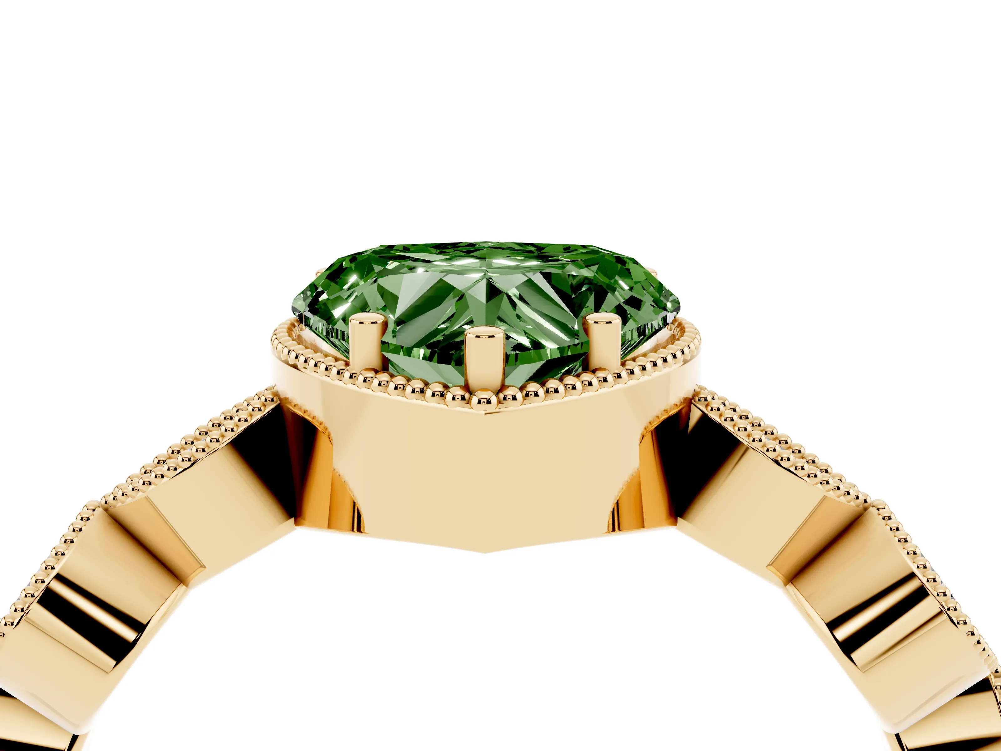 Fancy Green Heart Cut Diamond Vintage-Inspired Milgrain Ring Set in Yellow gold with Marquise Stations of Round Accents