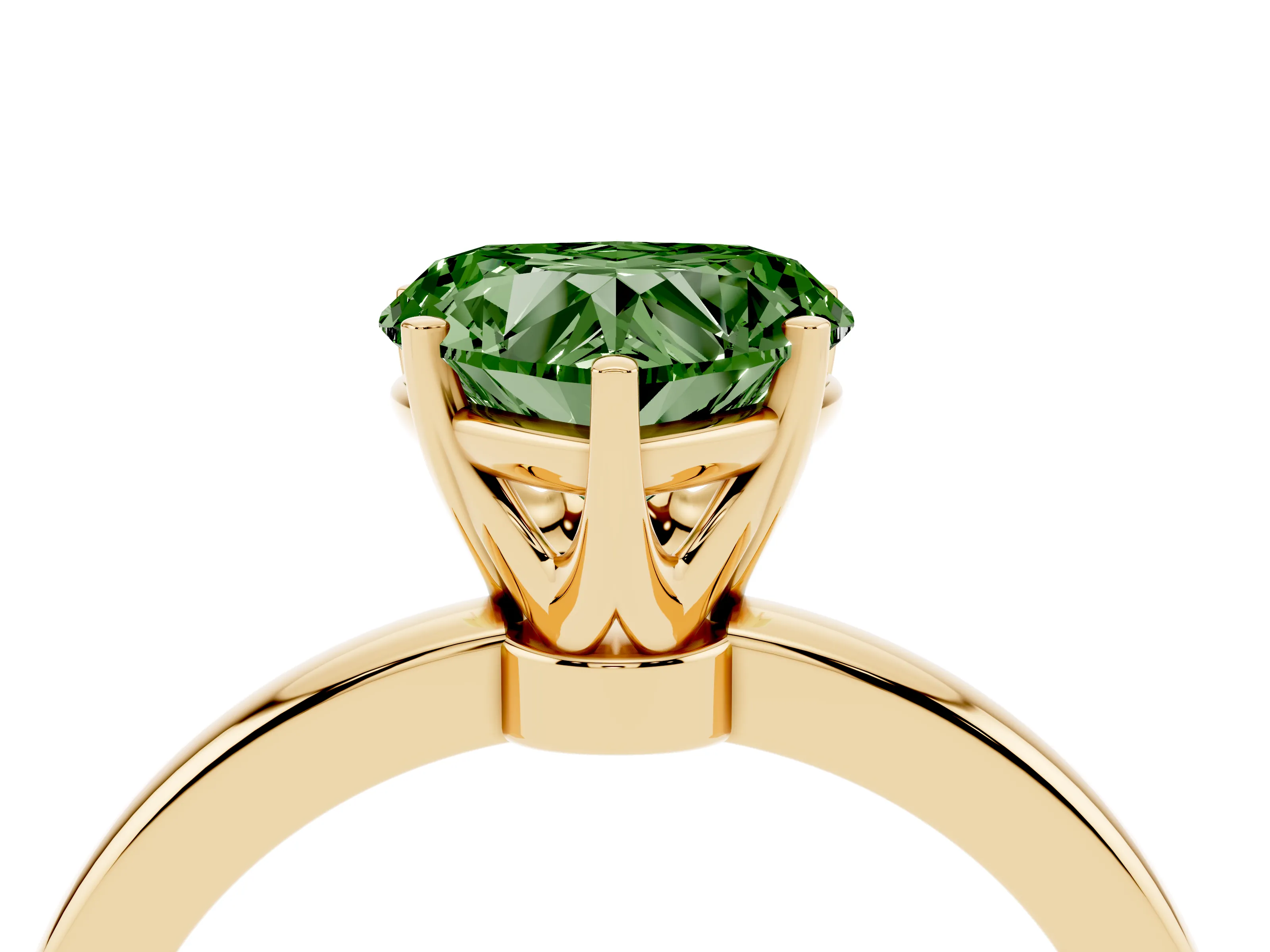 Fancy Green Heart Cut Diamond Solitaire Ring Set in Yellow gold with Raised Prong Setting on a Classic Band