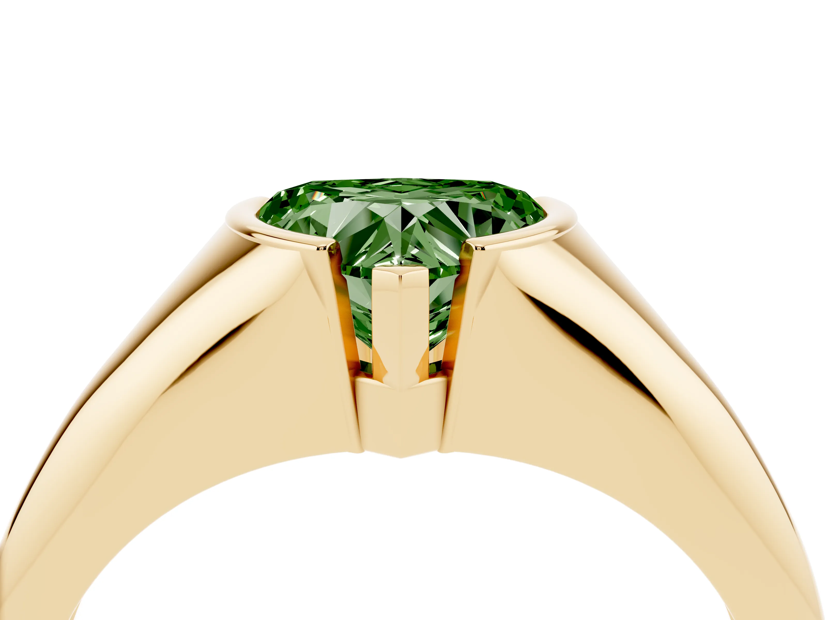 Fancy Green Heart Cut Diamond Solitaire Tension Set Ring Set in Yellow gold