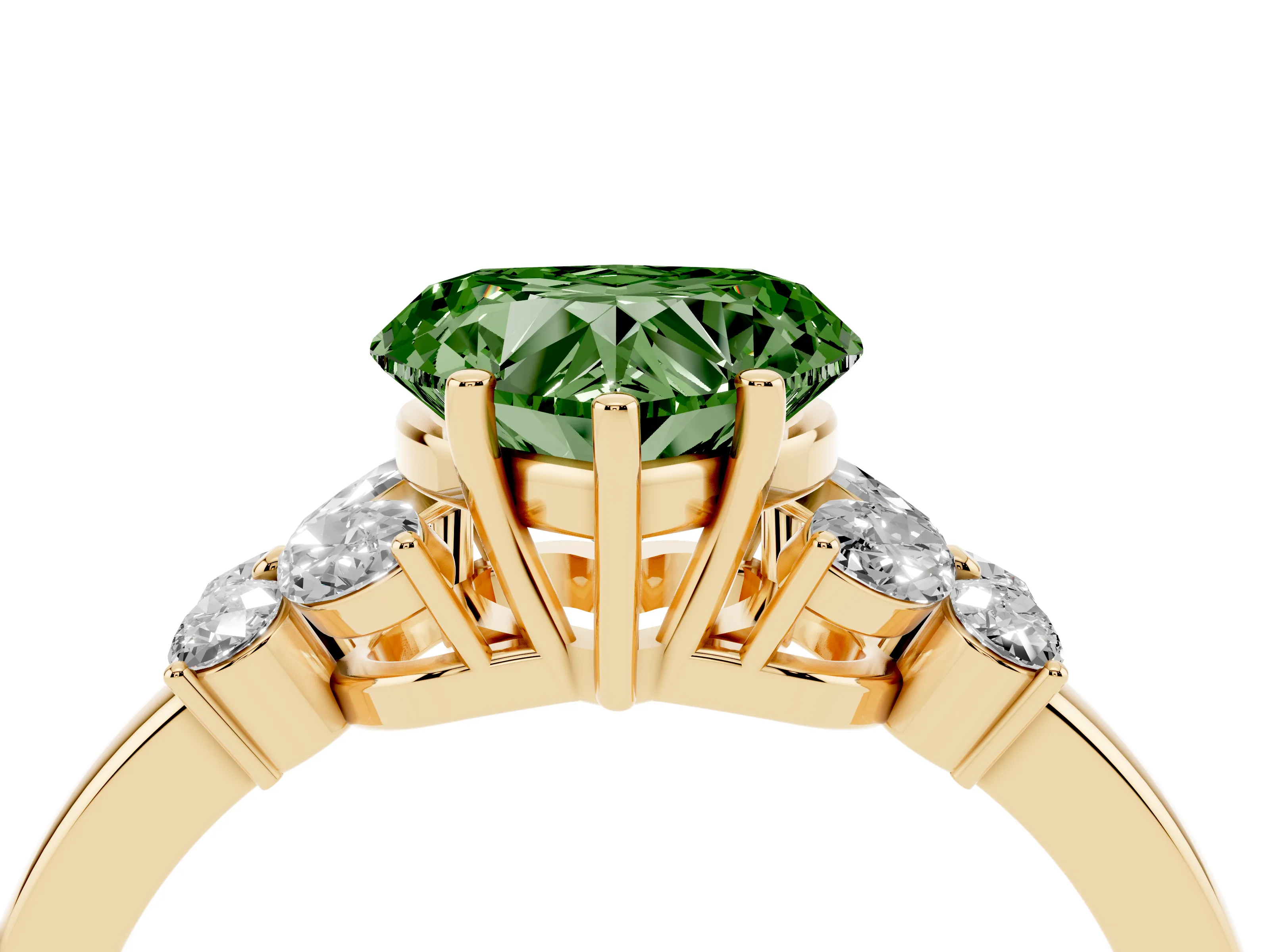 Fancy Green Heart Cut Diamond Solitaire Floral Ring Set in Yellow gold with Marquise Petals and Prong Setting