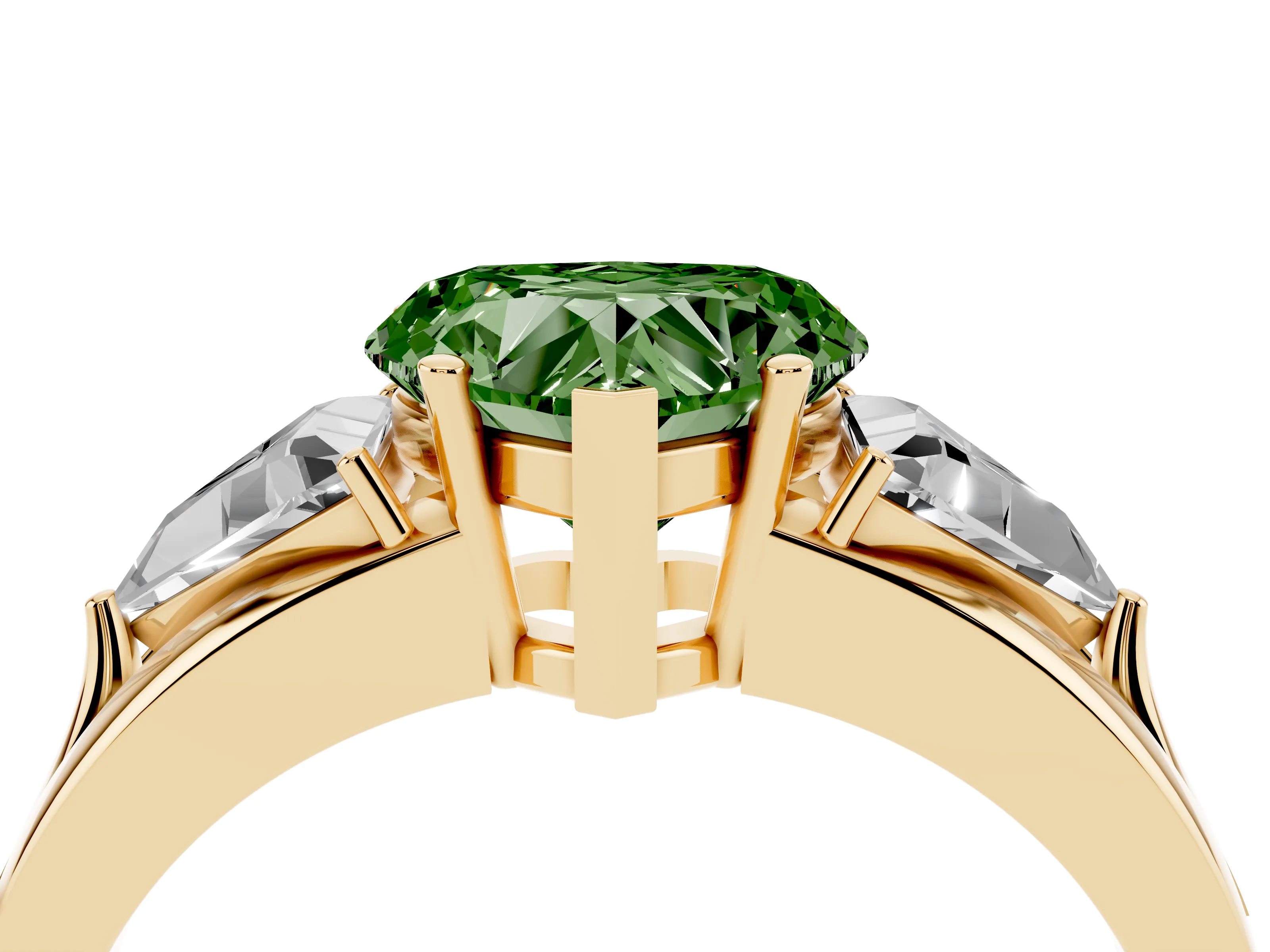 Fancy Green Heart Cut Diamond Three-Stone Ring Set in Yellow gold with Trillion Side Stones and Split Shank