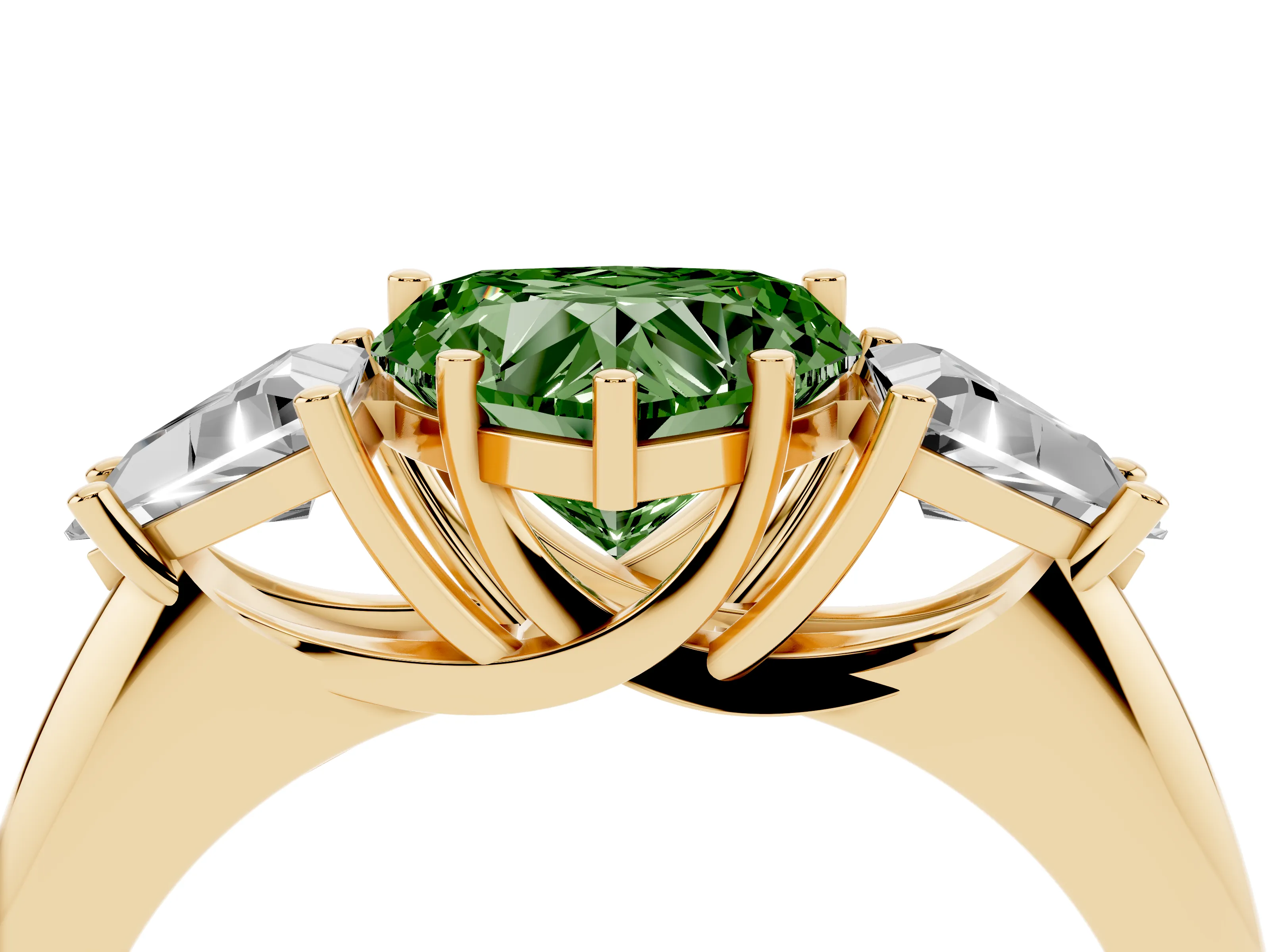Fancy Green Heart Cut Diamond Three-Stone Engagement Ring Set in Yellow gold with Trillion Side Stones