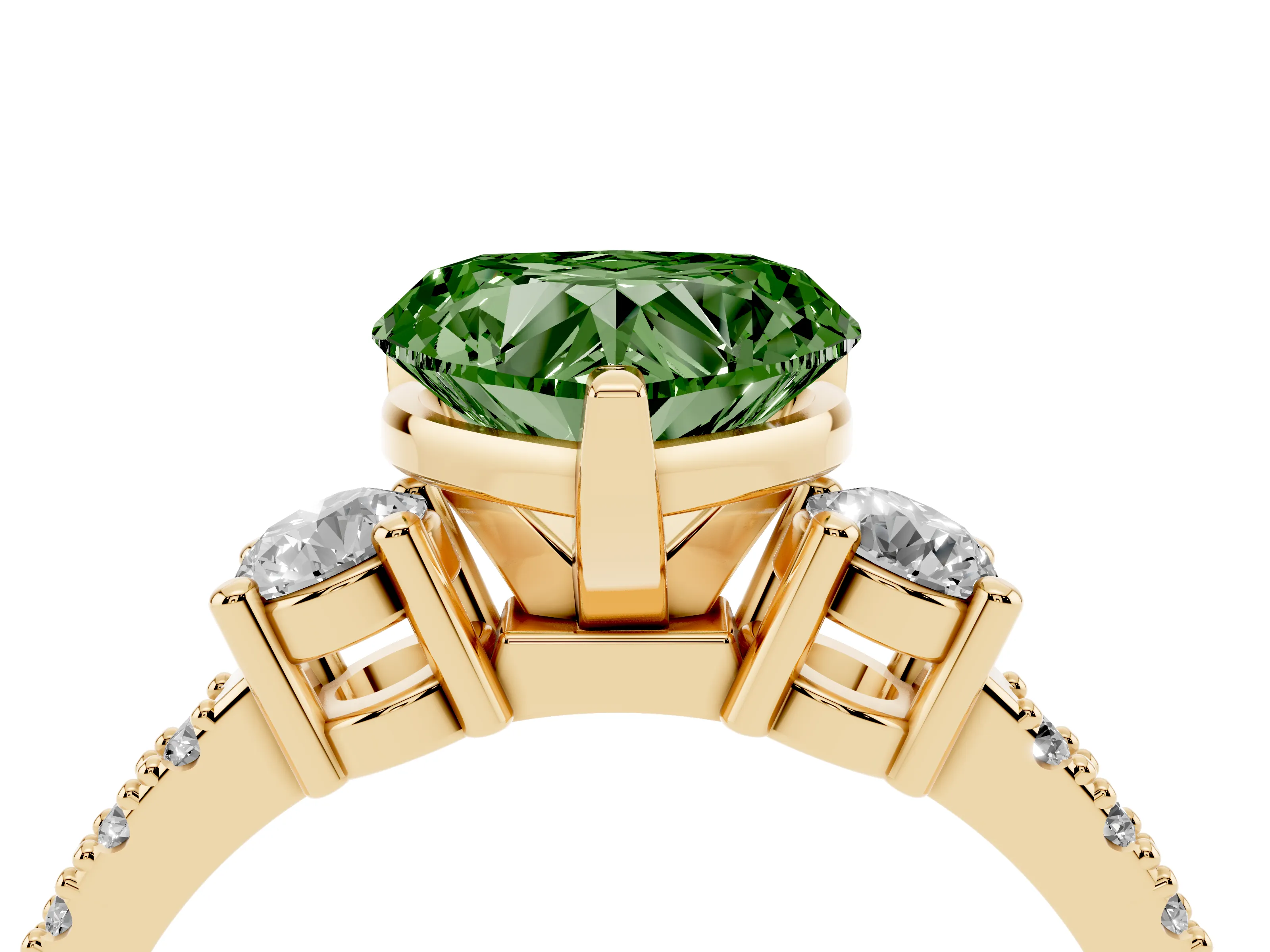 Fancy Green Three-Stone Heart Cut Diamond Pavé Band Ring Set in Yellow gold with Prong Setting