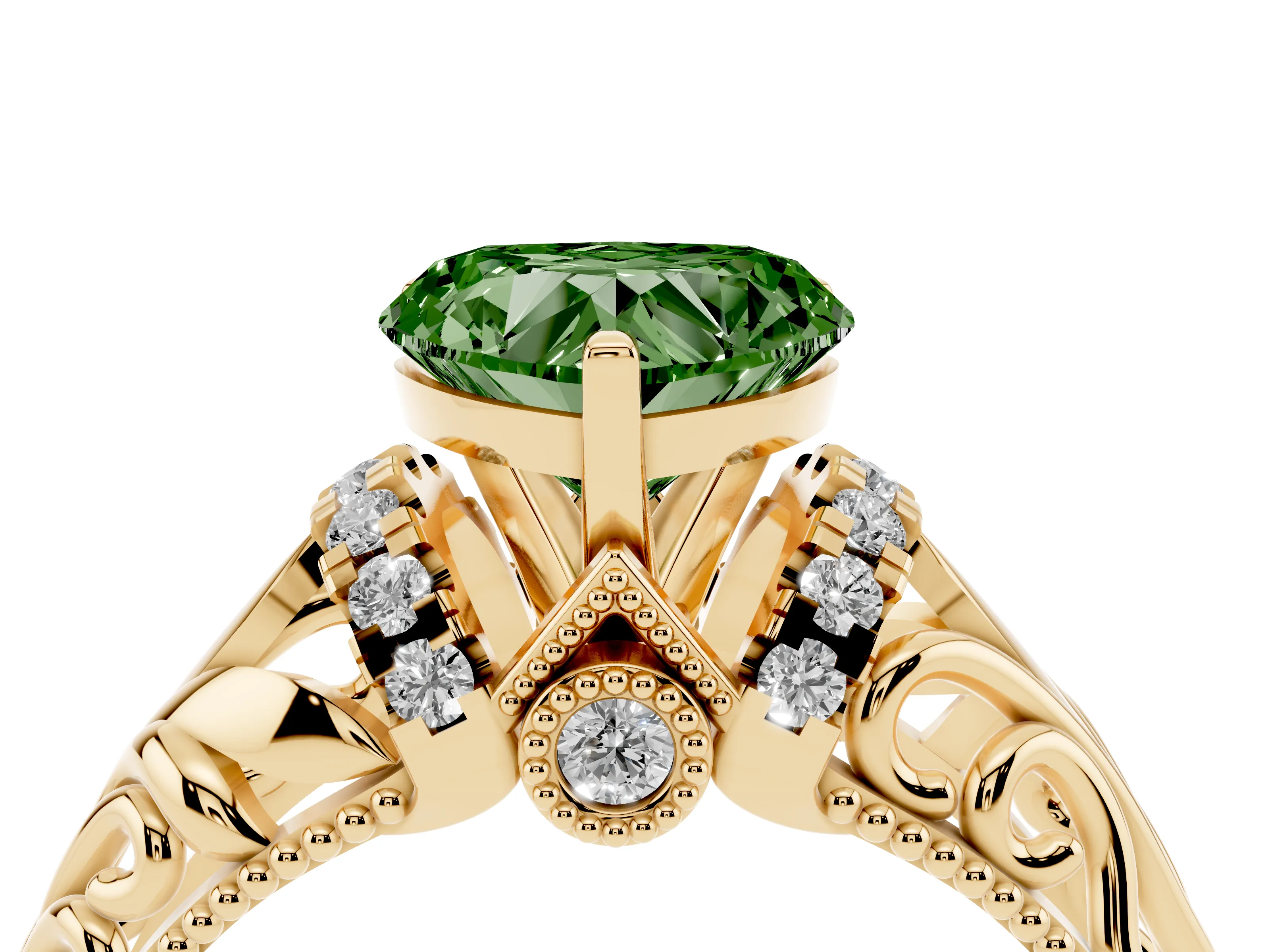 Fancy Green Heart Cut Diamond Filigree Halo Engagement Ring Set in Yellow gold with Prong Setting