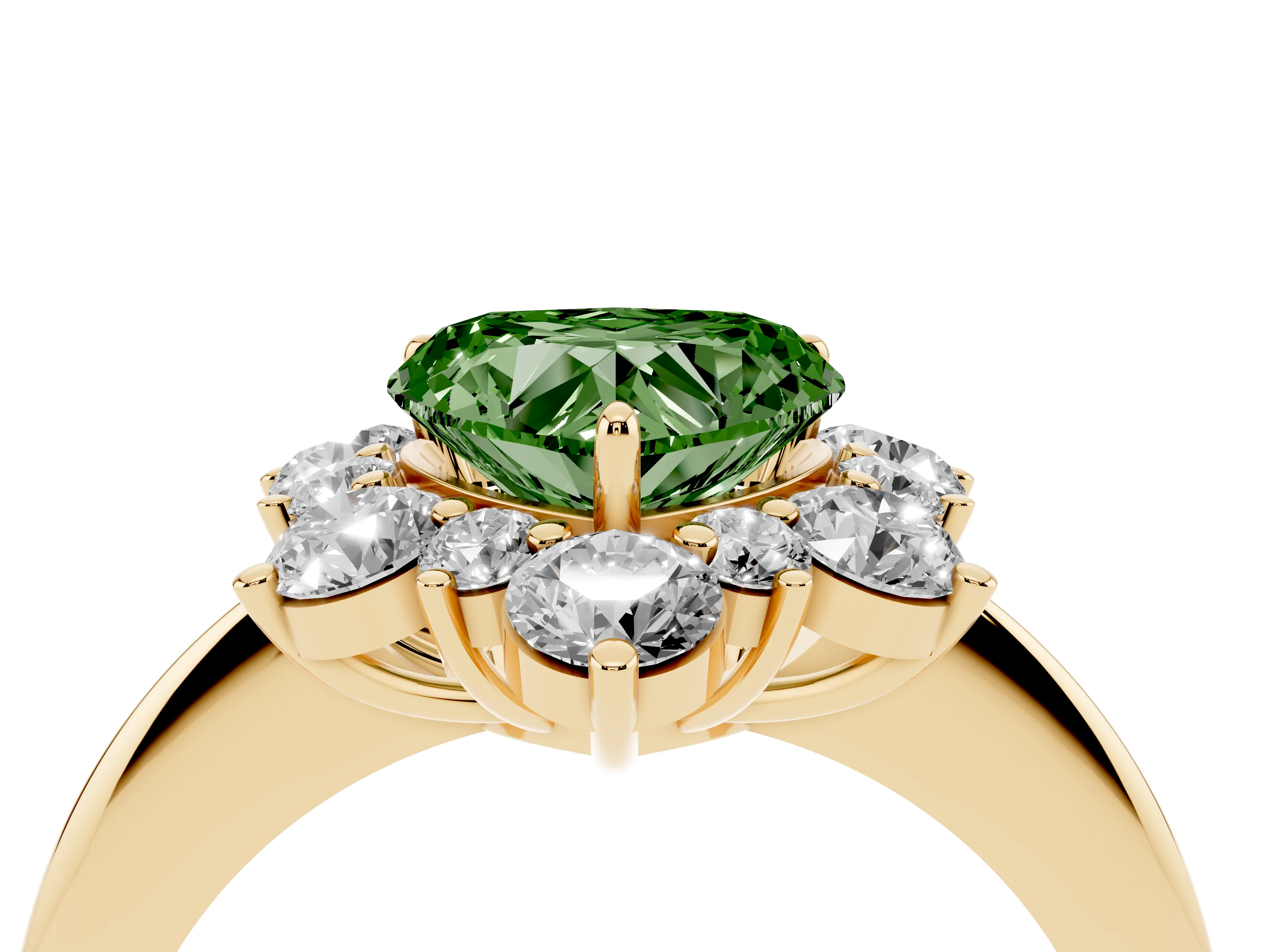 Fancy Green Heart Cut Diamond Cluster Halo Ring Set in Yellow gold with Solitaire Band and Prong Setting