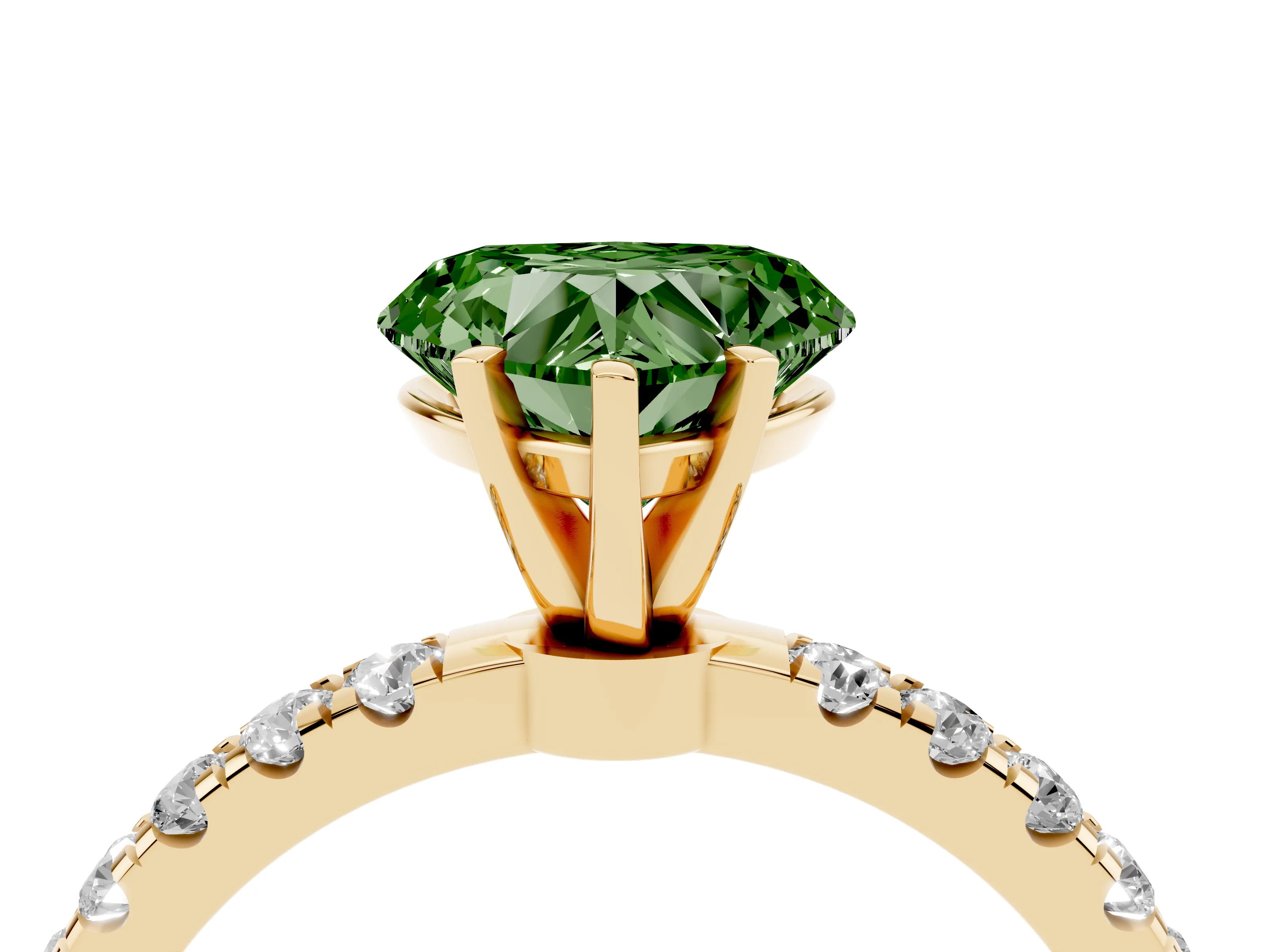 Fancy Green Heart Cut Diamond Solitaire Ring Set in Yellow gold with Pavé Accents and Prong Setting