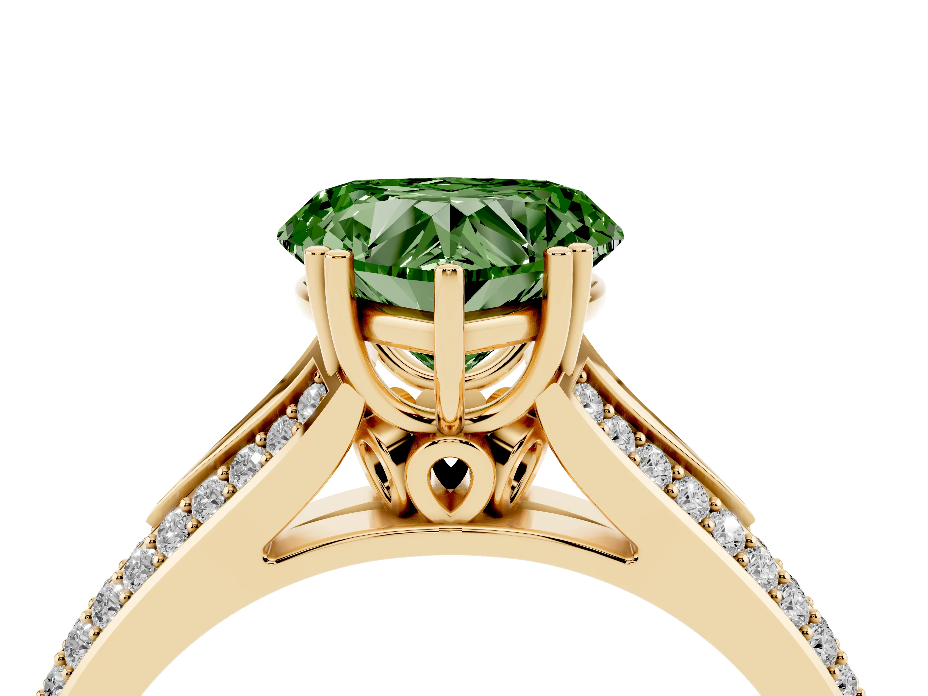 Fancy Green Heart Cut Diamond Split Shank Pavé Engagement Ring Set in Yellow gold with Prong-Set Center Stone