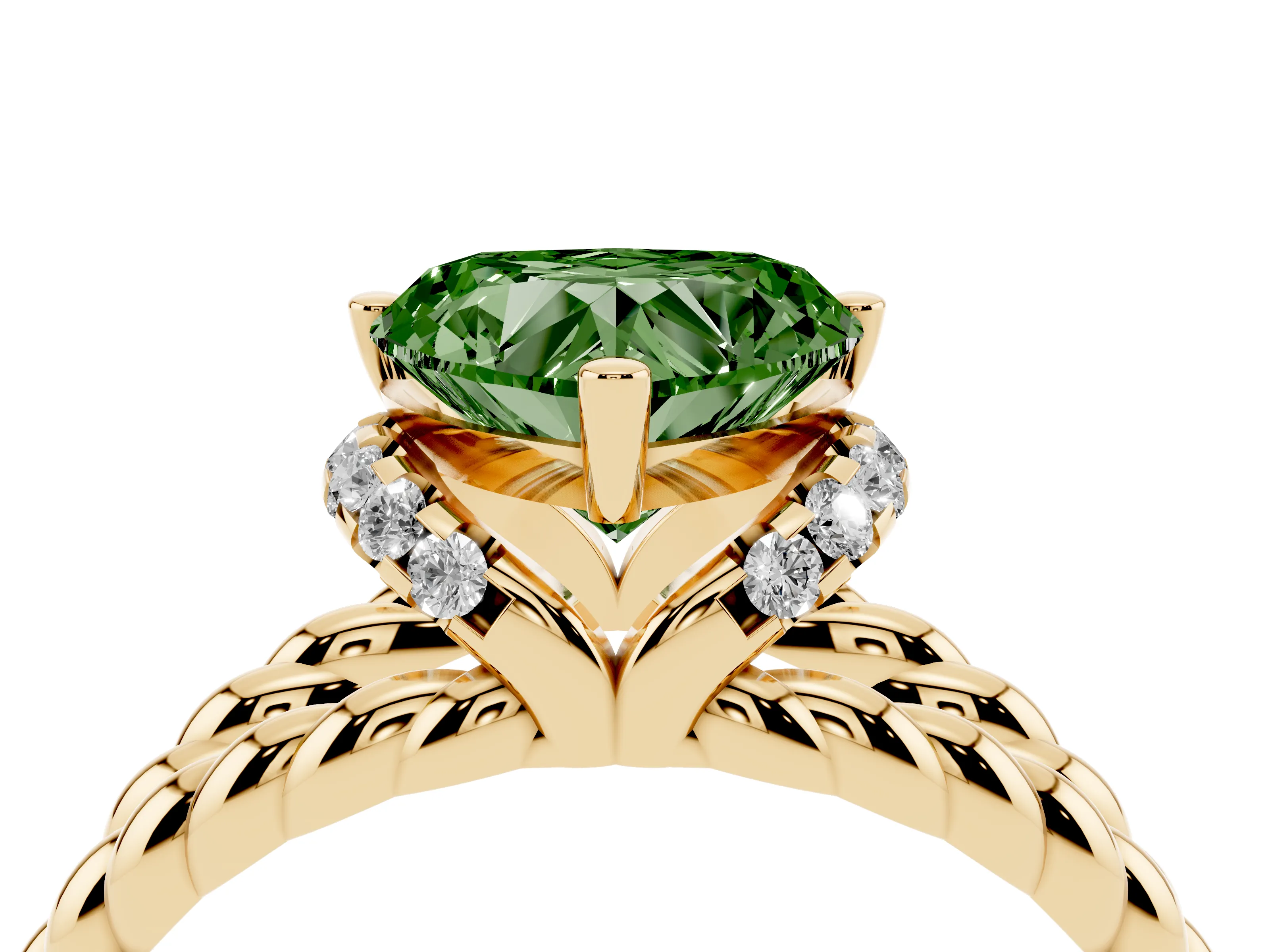 Fancy Green Heart Cut Diamond Halo Ring Set in Yellow gold with Twisted Band and Prong Setting