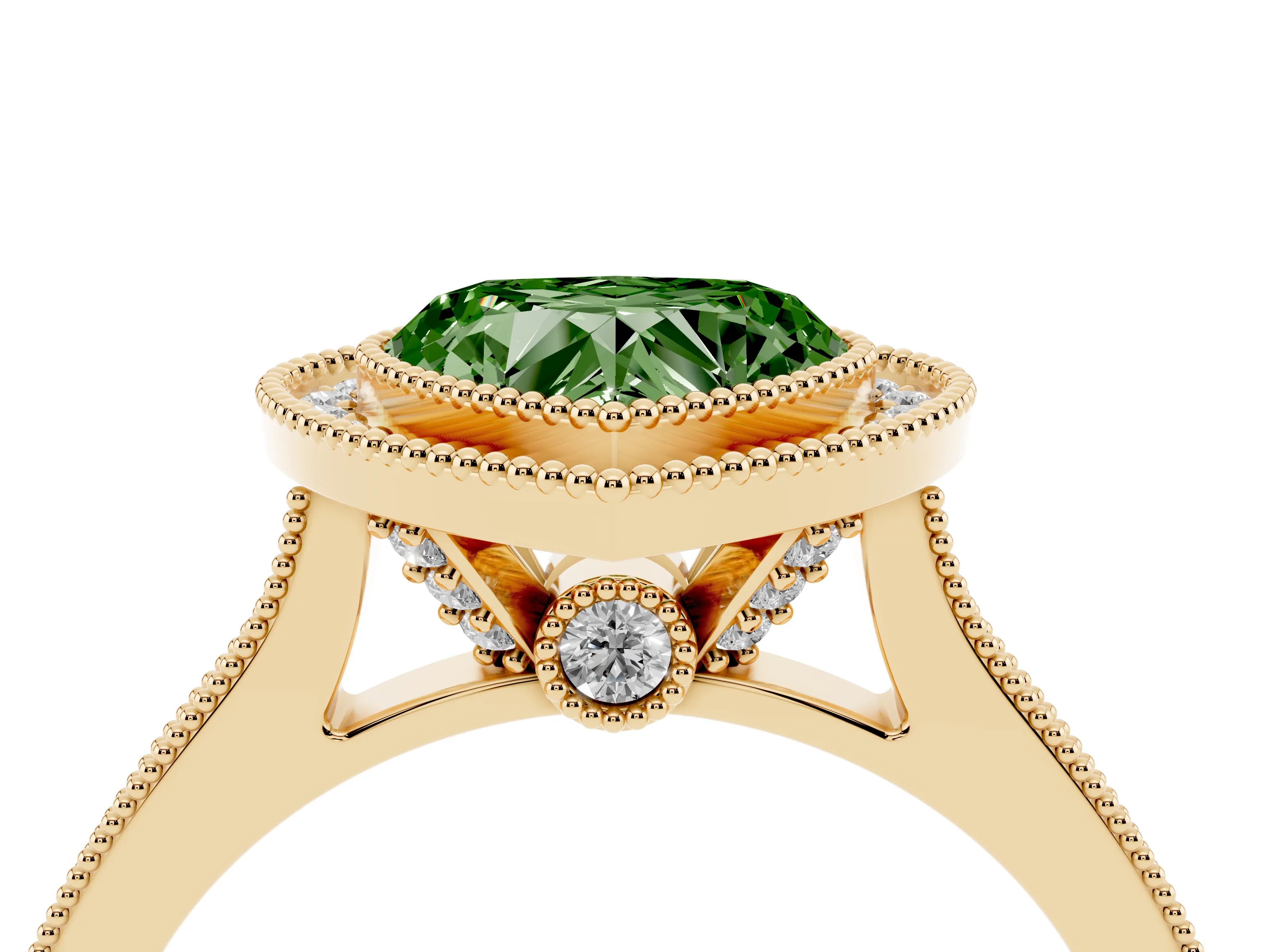 Fancy Green Heart Cut Diamond Halo Milgrain Pavé Band Ring Set in Yellow gold with Prong Setting