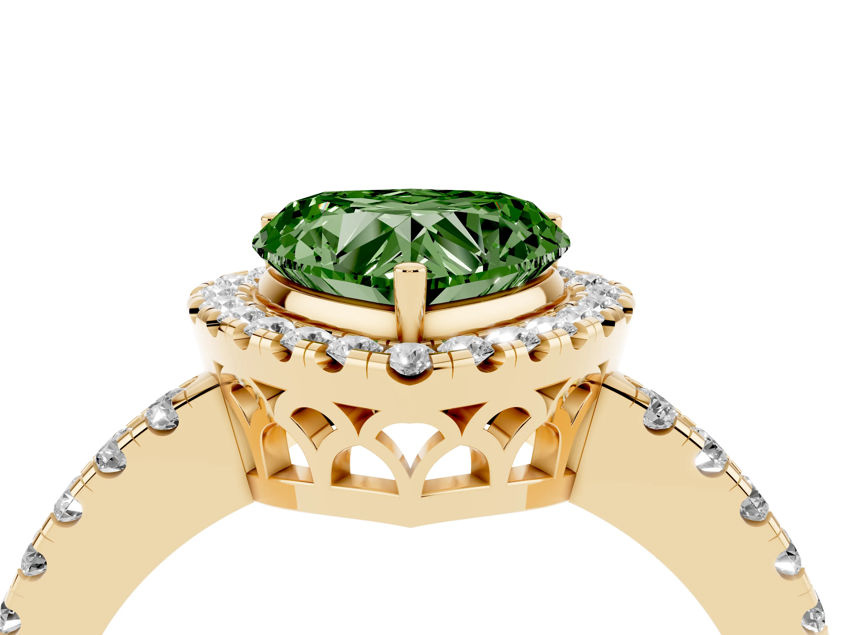 Fancy Green Heart Cut Diamond Pavé Band Halo Engagement Ring Set in Yellow gold with Prong Setting