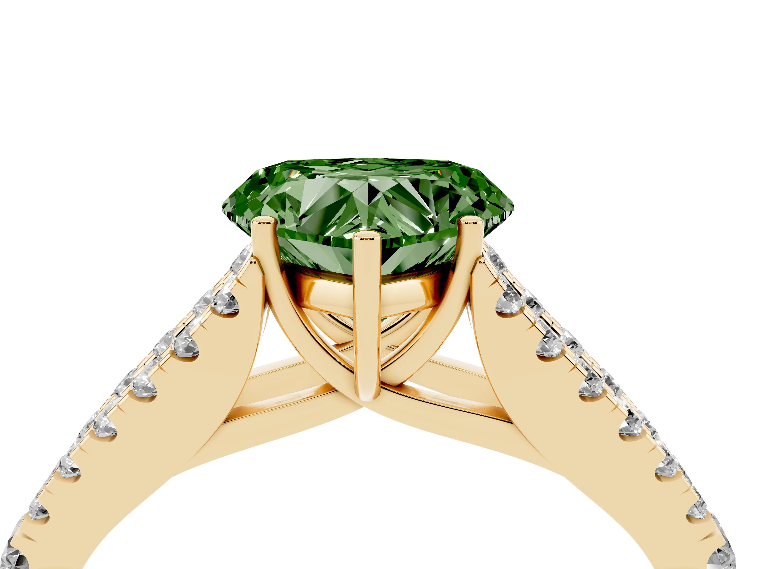 Fancy Green Heart Cut Diamond Split Shank Pavé Engagement Ring Set in Yellow gold with Prong-Held Center Stone