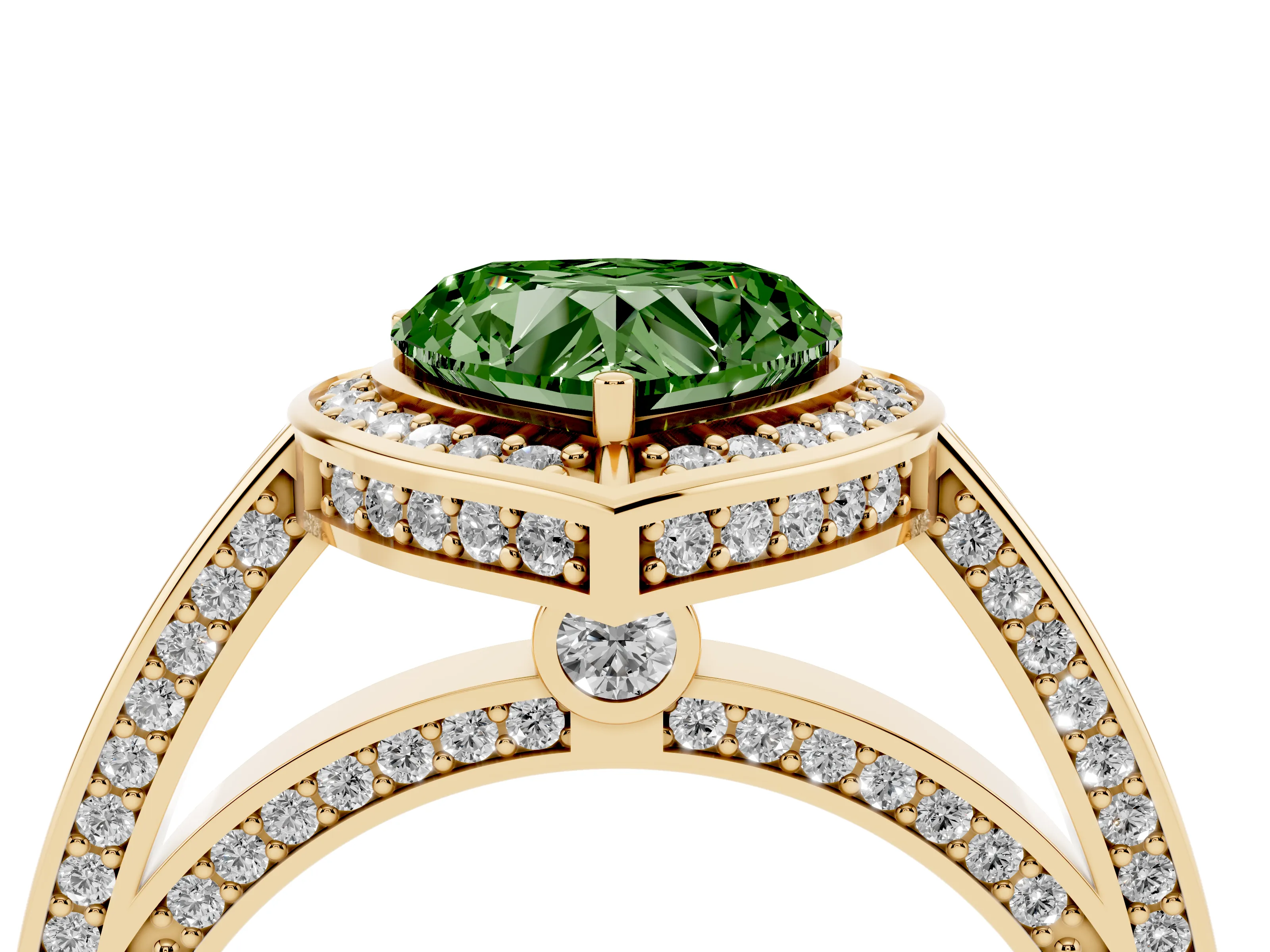 Fancy Green Heart Cut Diamond Halo Pavé Split Shank Ring Set in Yellow gold with Prong Setting