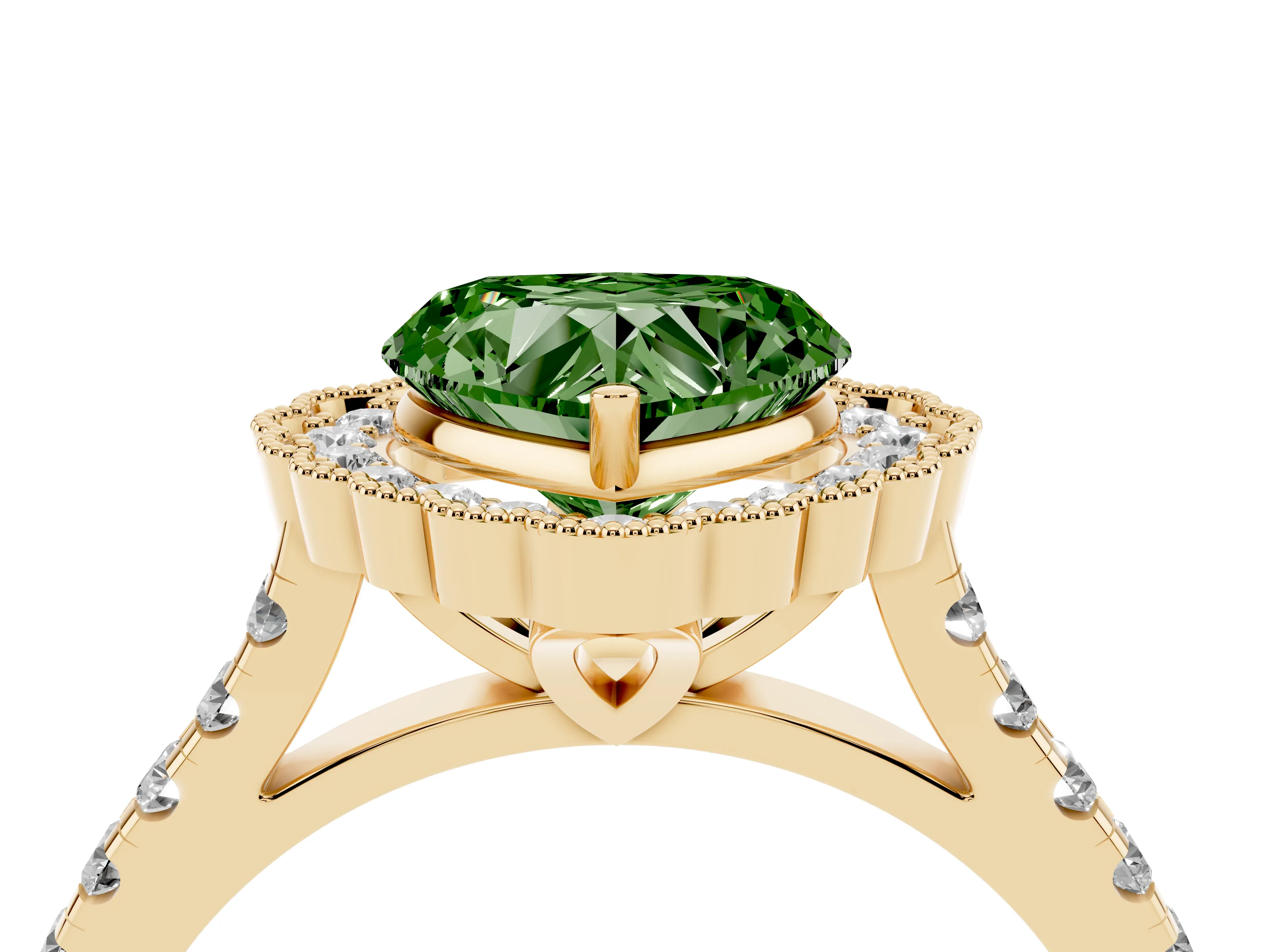 Fancy Green Heart Cut Diamond Milgrain Floral Halo Engagement Ring Set in Yellow gold with Pavé Band