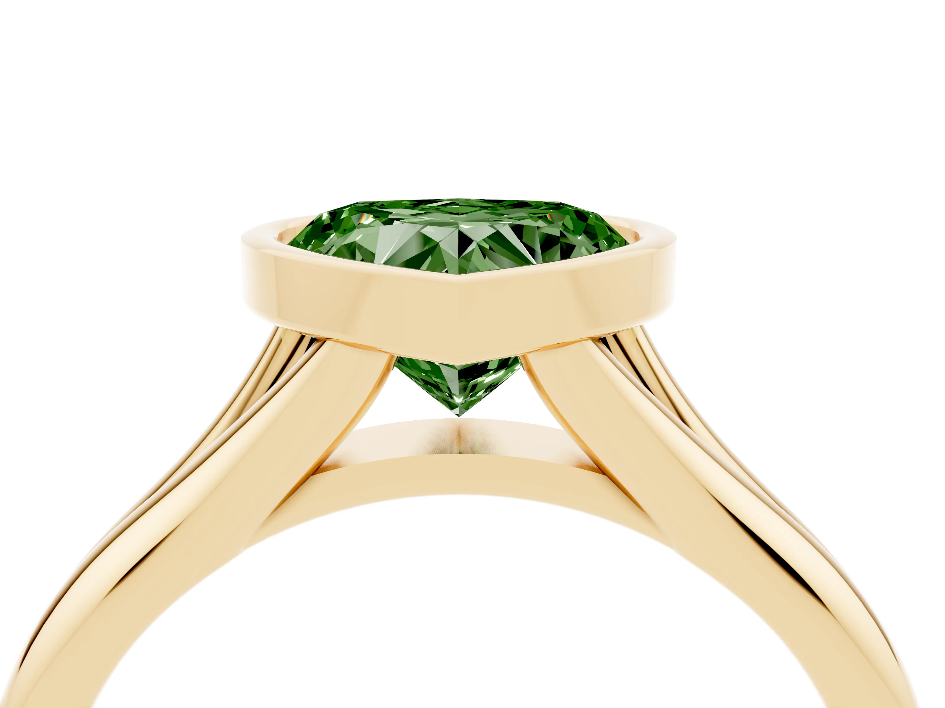 Fancy Green Bezel Set Heart Cut Diamond Solitaire Ring Set in Yellow gold with Smooth Band
