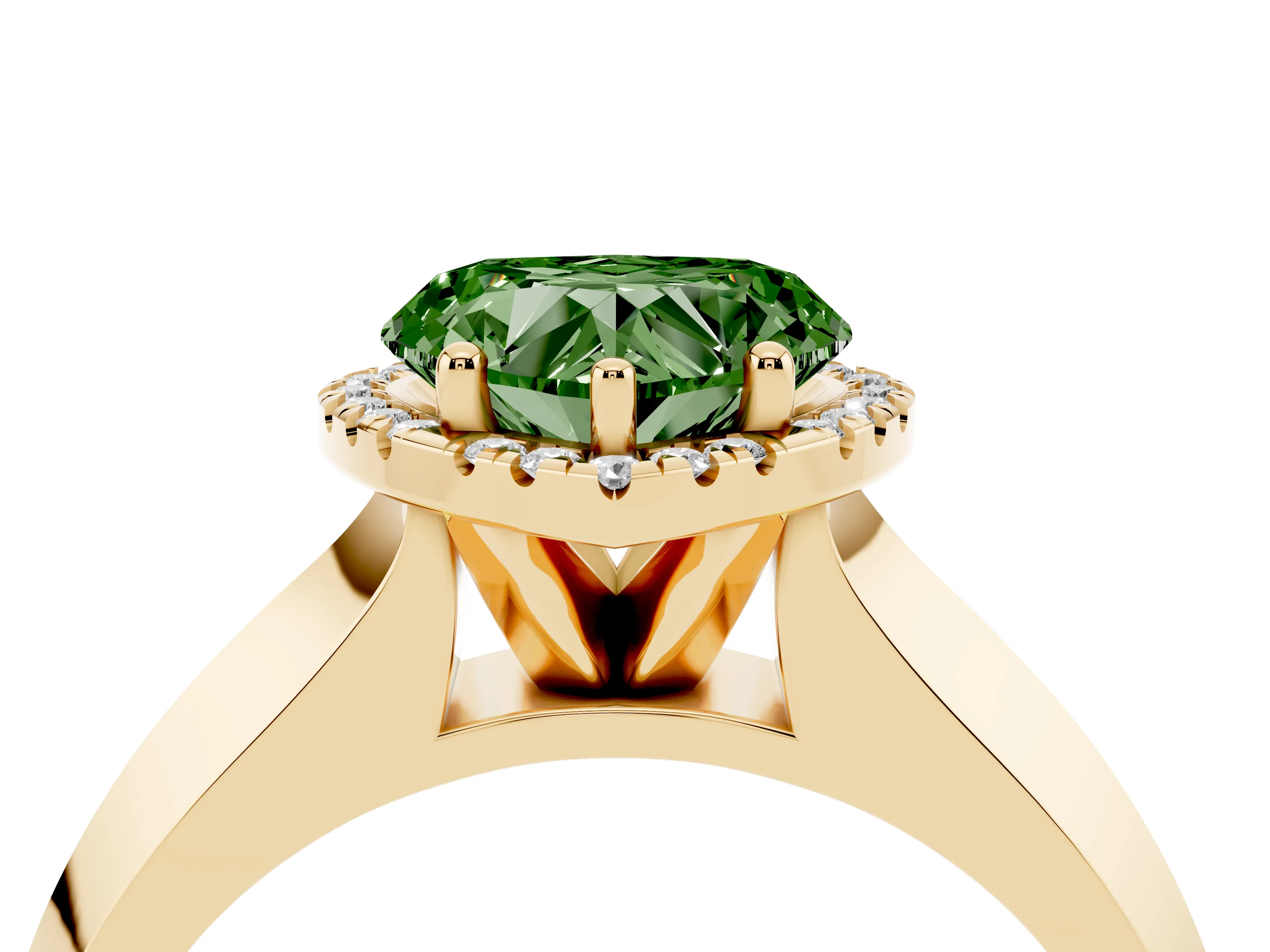 Fancy Green Heart Cut Diamond Halo Ring Set in Yellow gold with Cathedral Band and Prong Setting