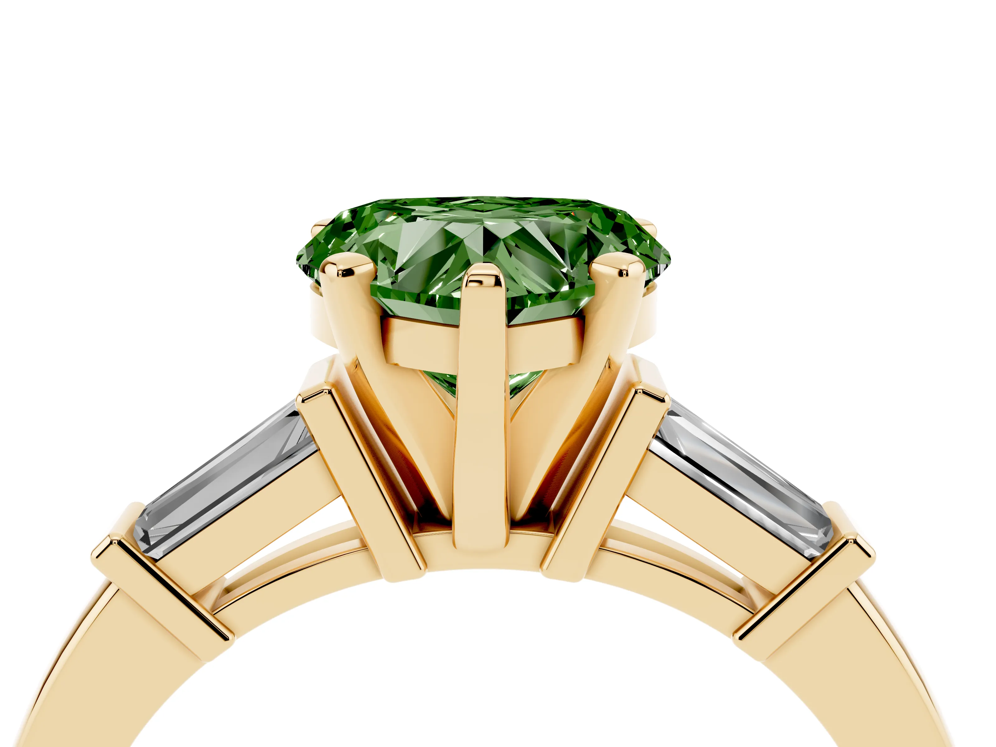 Fancy Green Heart Cut Diamond Solitaire Ring Set in Yellow gold with Tapered Baguette Accents and Prong Setting