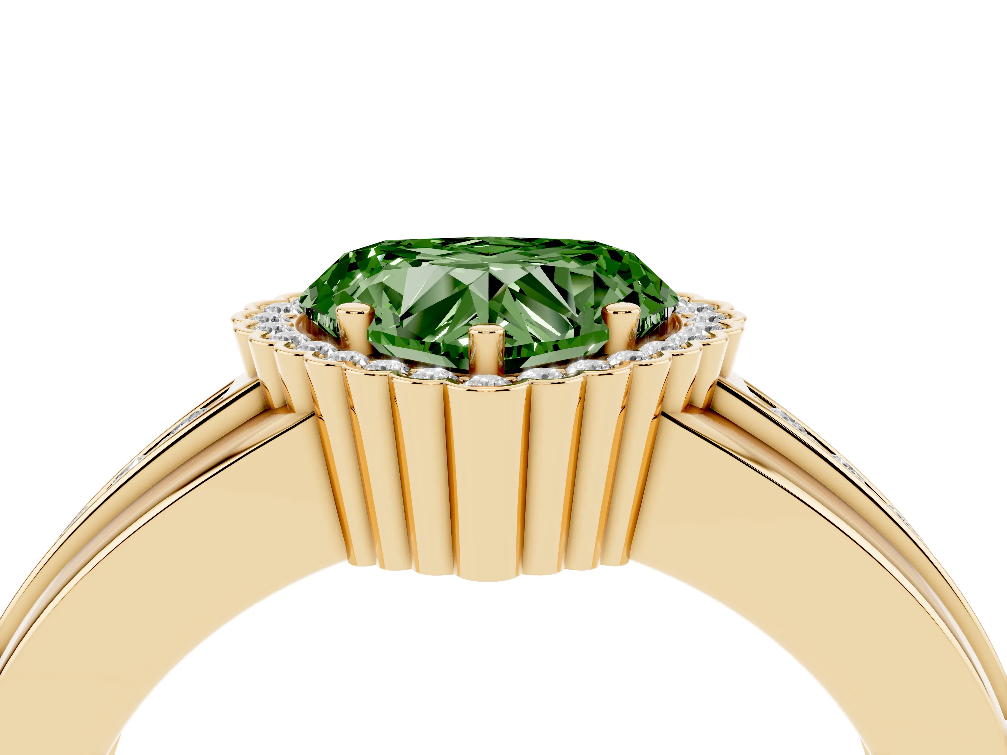 Fancy Green Heart Cut Diamond Halo Prong Ring Set in Yellow gold with Pavé Band