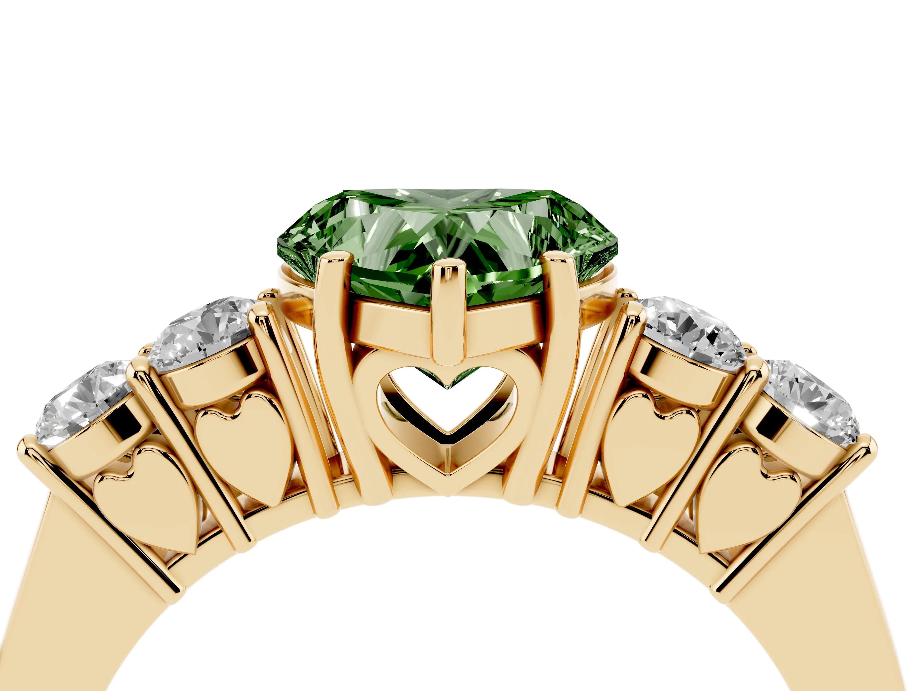 Fancy Green Heart Cut Diamond Five-Stone Prong Set Band Ring Set in Yellow gold with Polished Band
