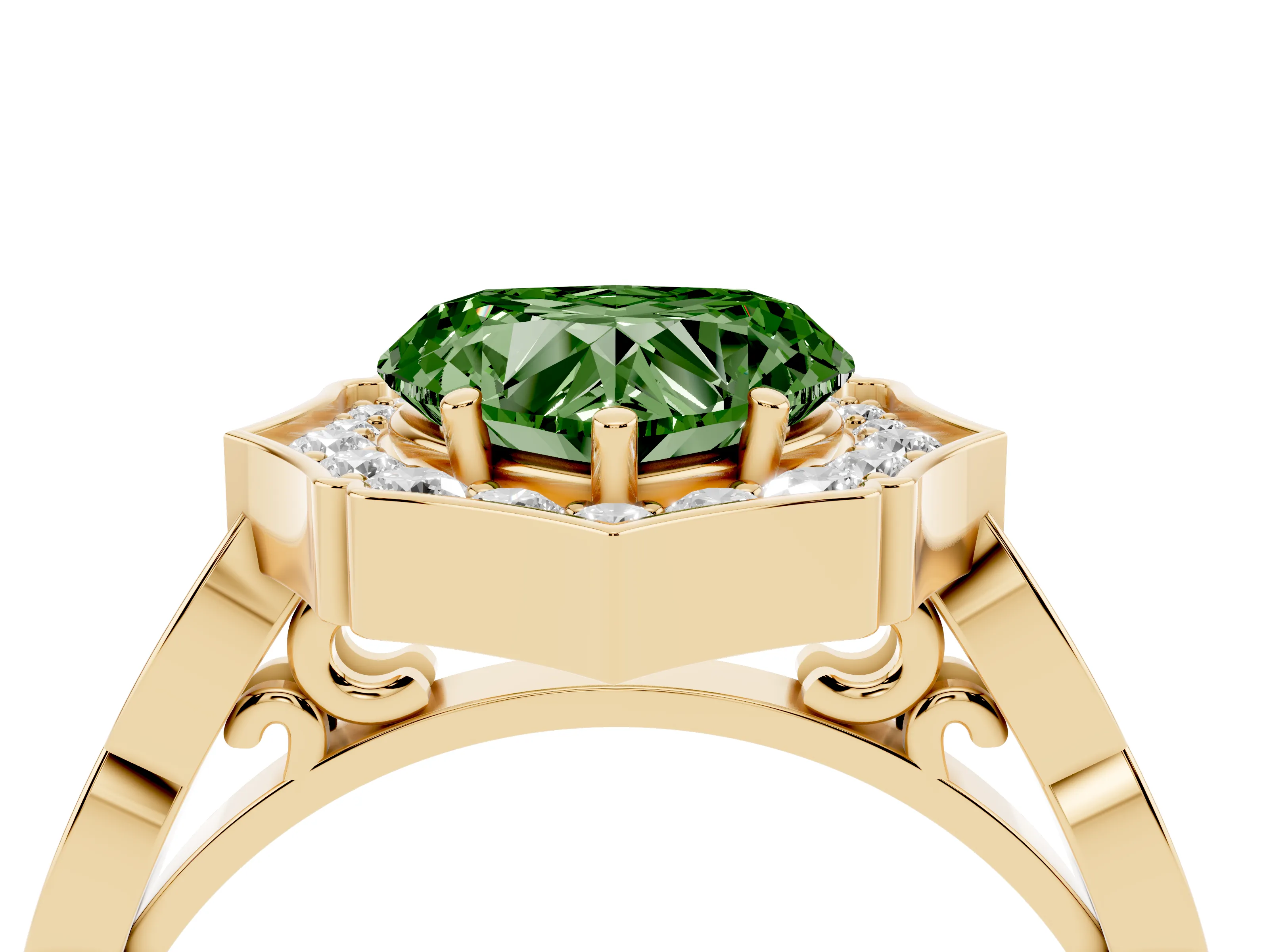 Fancy Green Heart Cut Diamond Halo Engagement Ring Set in Yellow gold with Milgrain Band and Prong Setting