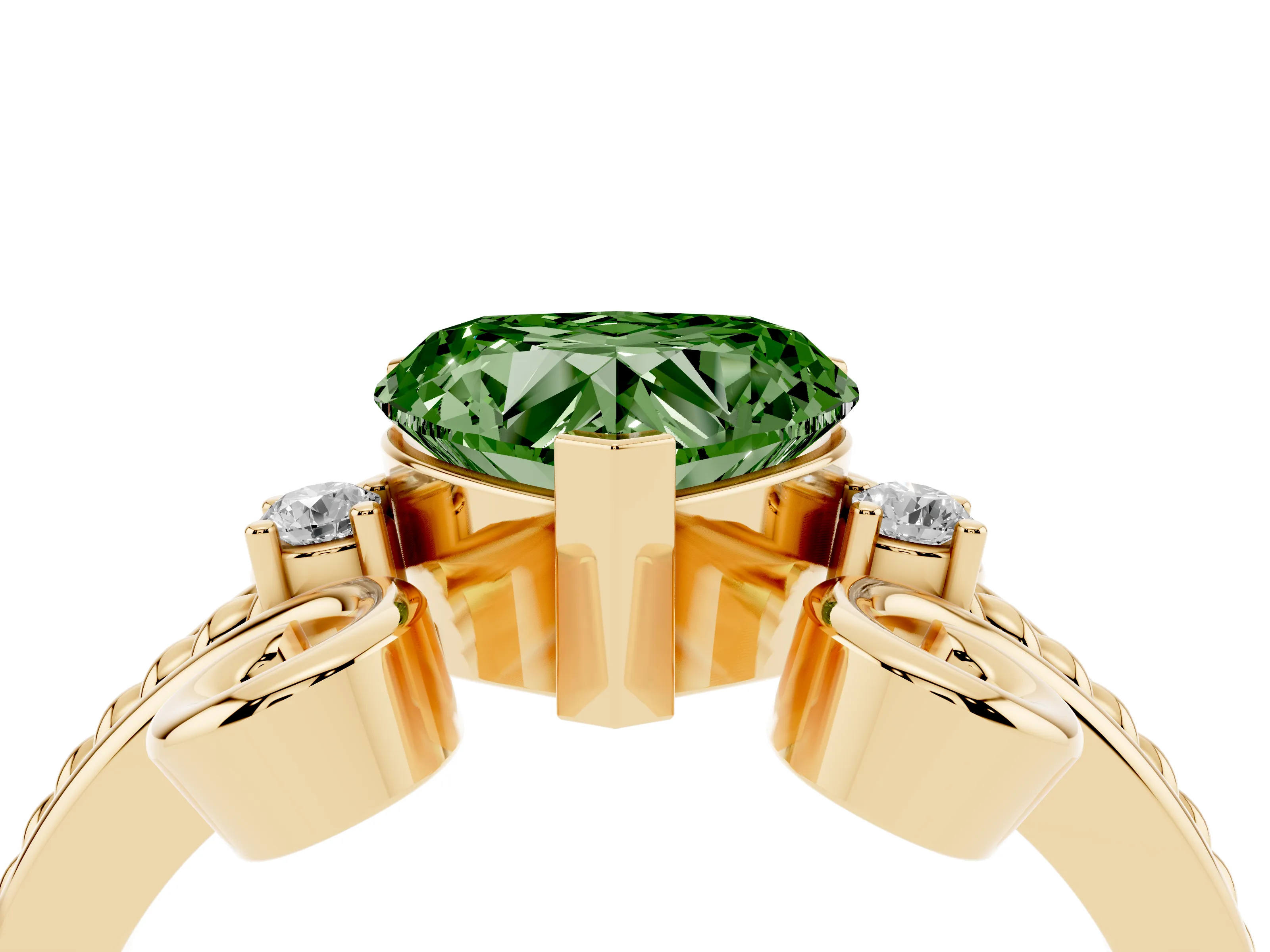 Fancy Green Heart Cut Diamond Twisted Band Solitaire Ring Set in Yellow gold with Scroll Prongs