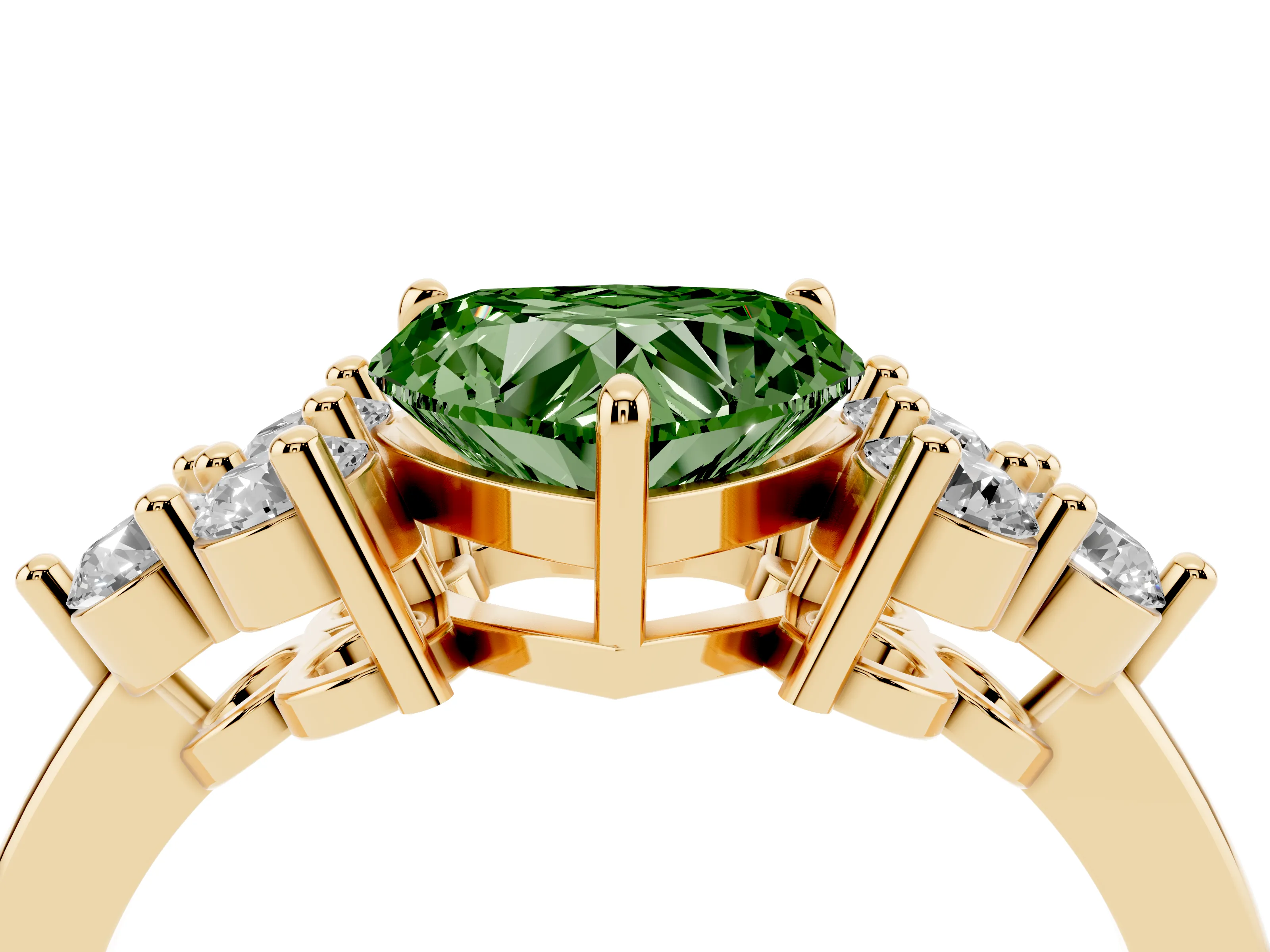 Fancy Green Heart Cut Diamond Solitaire Ring Set in Yellow gold with Cluster Accents on Each Side