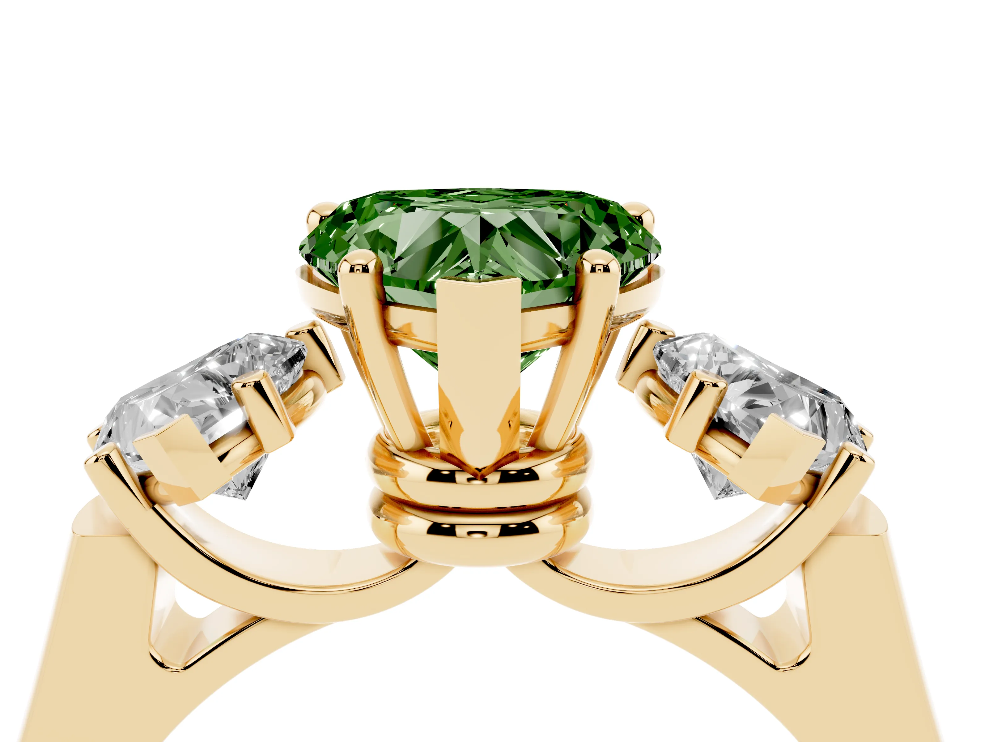 Fancy Green Heart Cut Diamond Three-Stone Trellis Ring Set in Yellow gold with Comfort Fit Band