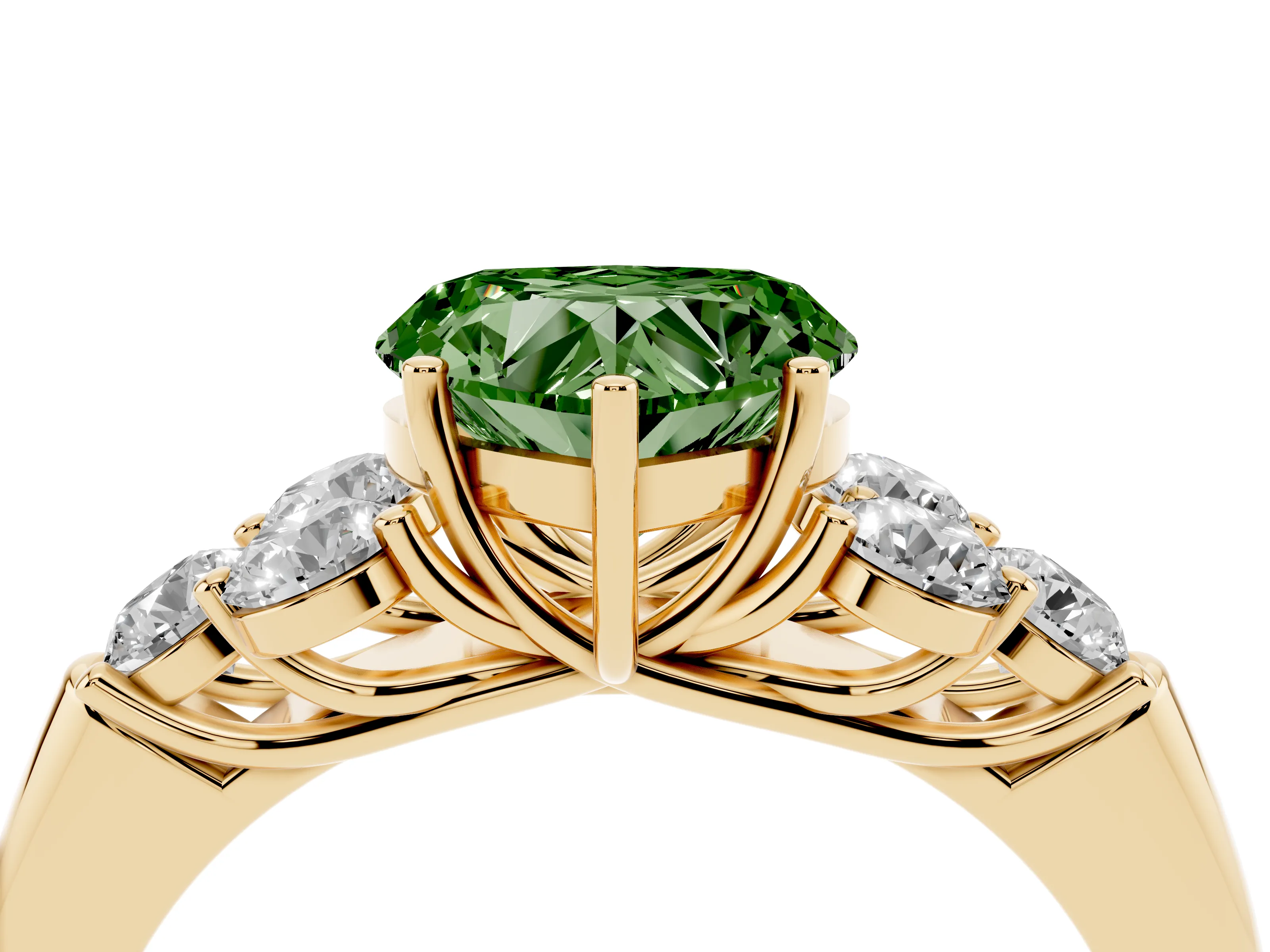 Fancy Green Heart Cut Diamond Cluster Ring Set in Yellow gold with Round Accent Stones and Prong Setting on a Plain Band
