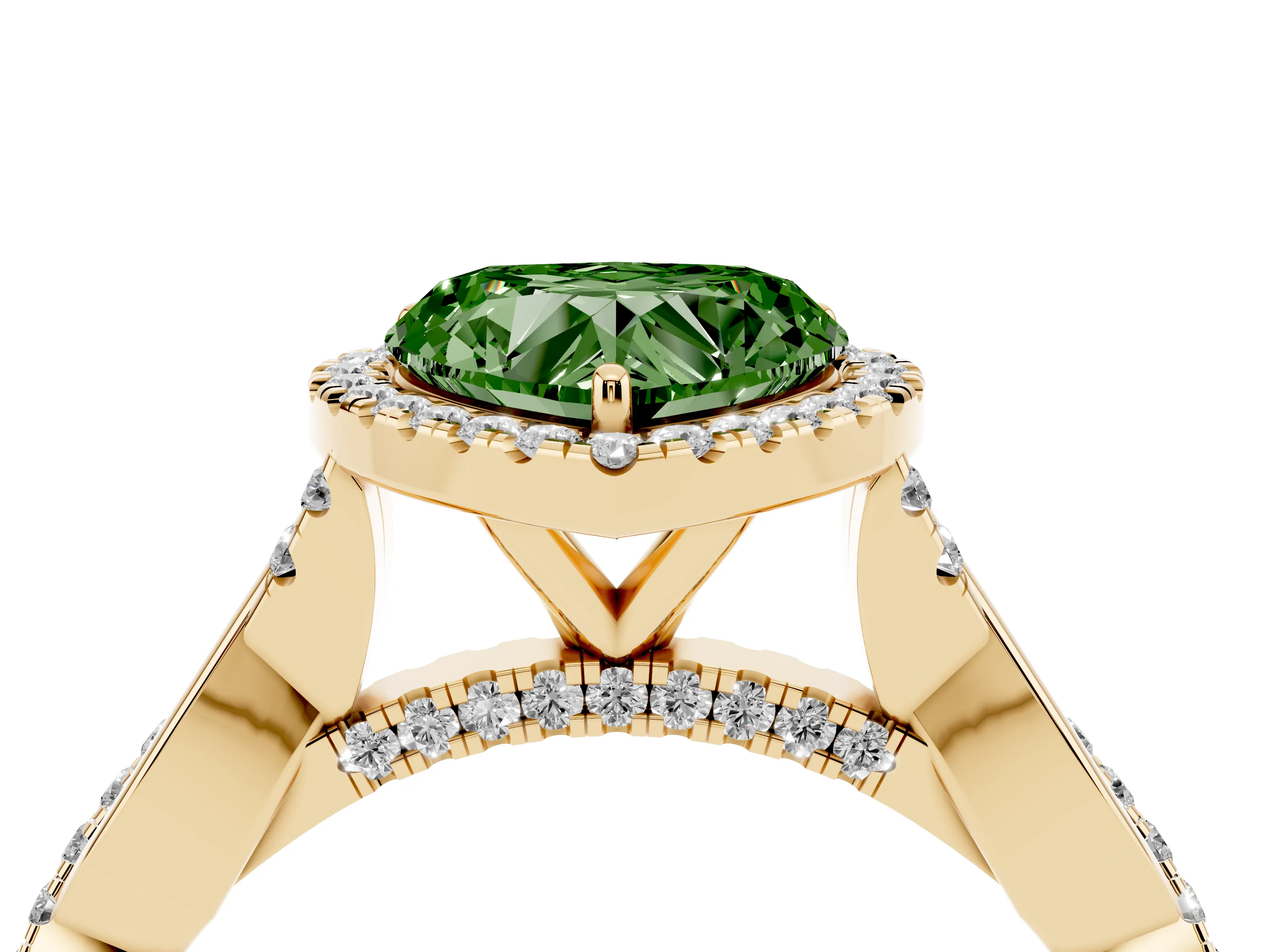 Fancy Green Heart Cut Diamond Halo Twist Band Solitaire Ring Set in Yellow gold with Prong Setting