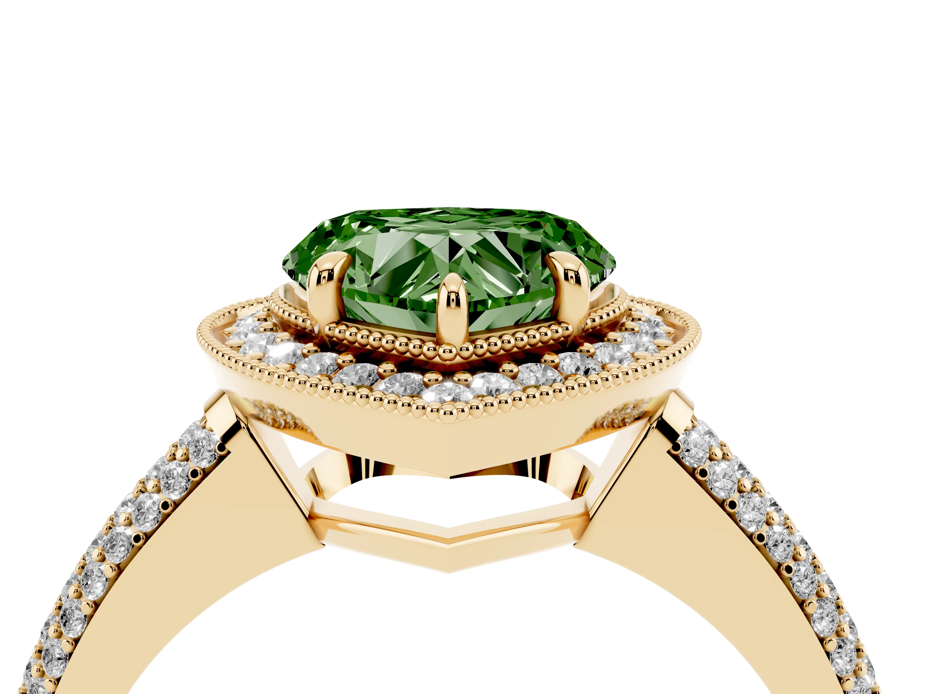 Fancy Green Heart Cut Diamond Halo Pavé Band Set in Yellow gold with Prong Setting