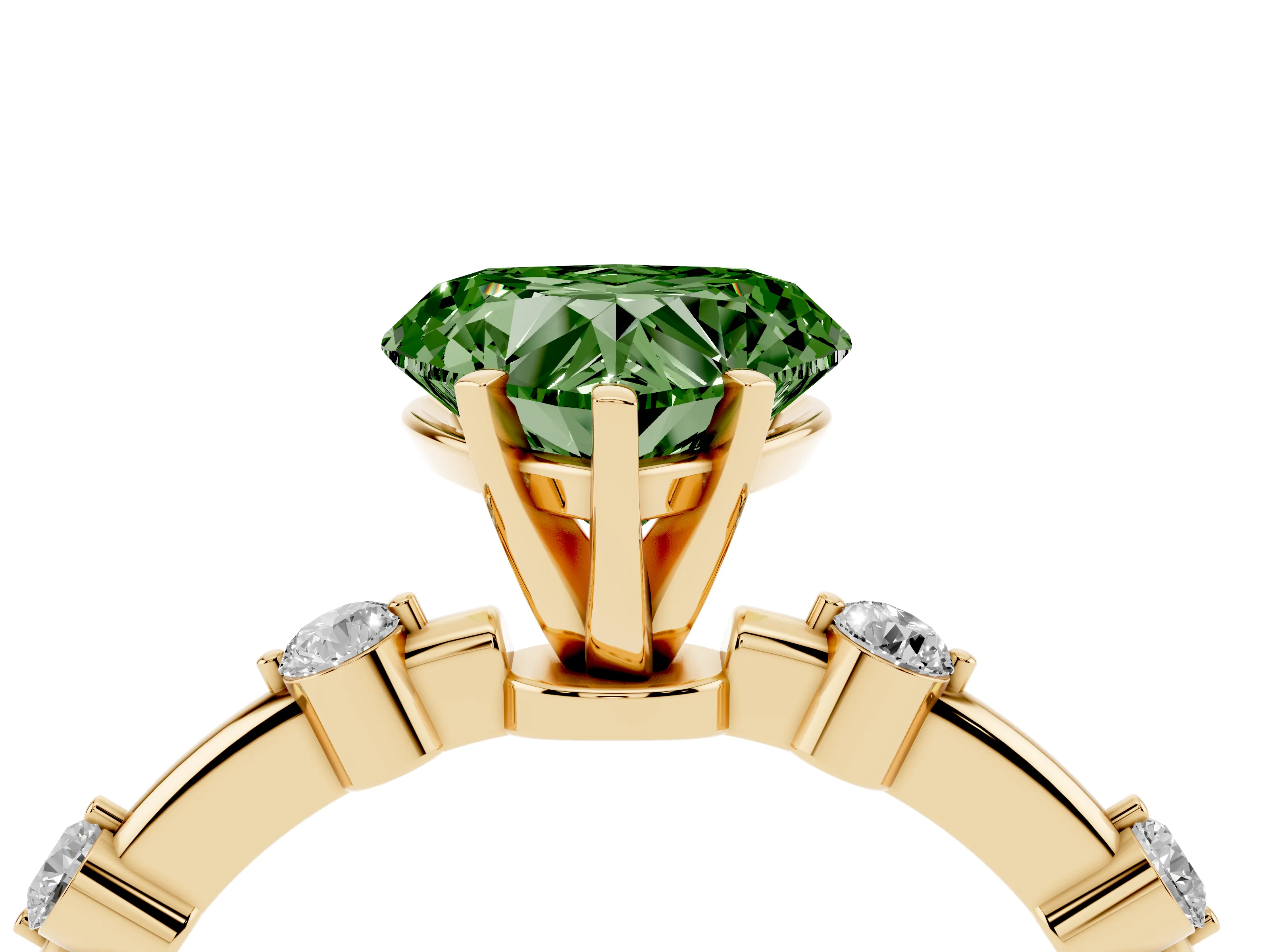 Fancy Green Heart Cut Diamond Solitaire Ring Set in Yellow gold with Bezel Set Side Stones and Prong Setting