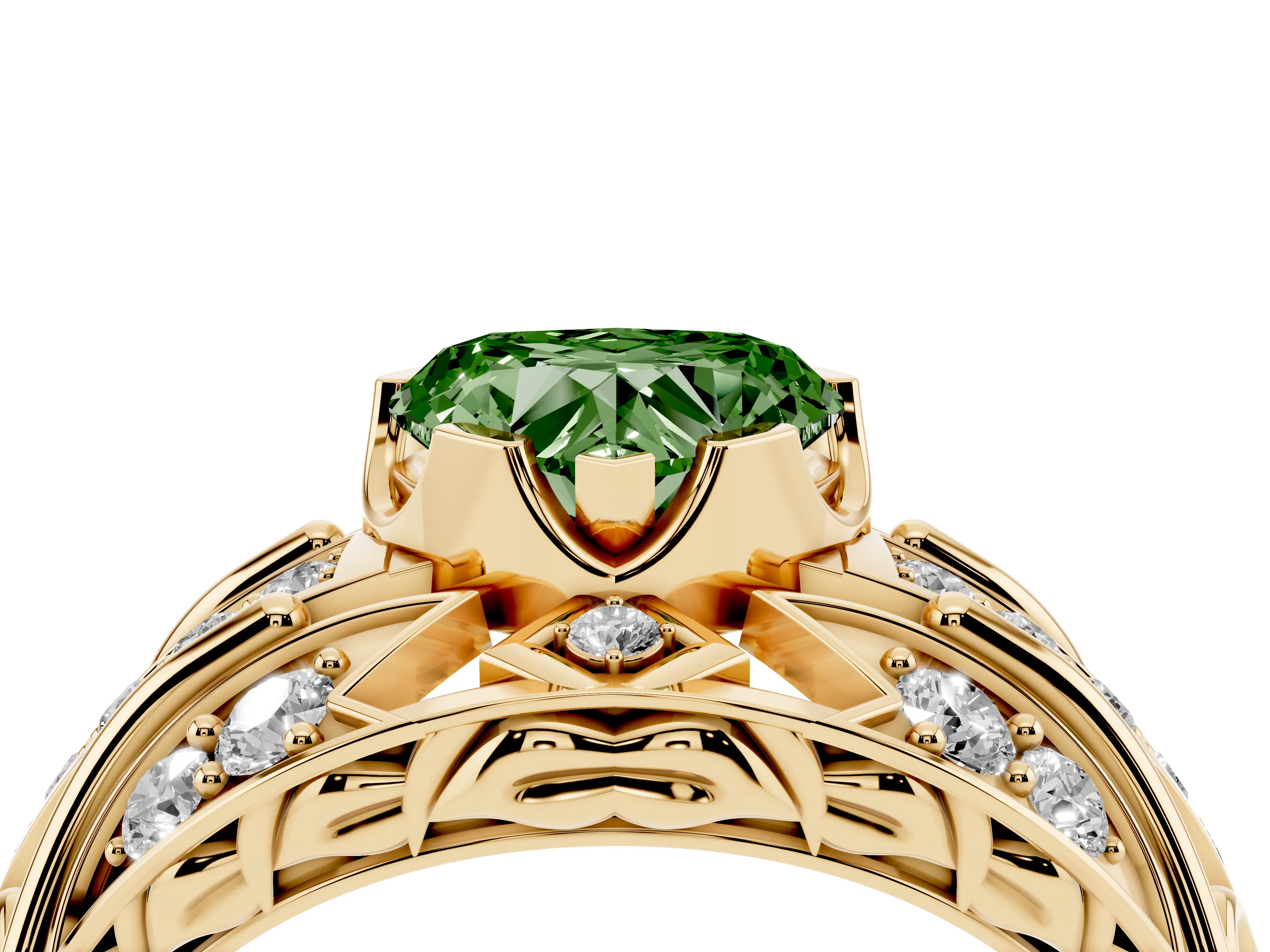 Fancy Green Heart Cut Diamond Art Deco Ring Set in Yellow gold with Pavé Split Shank