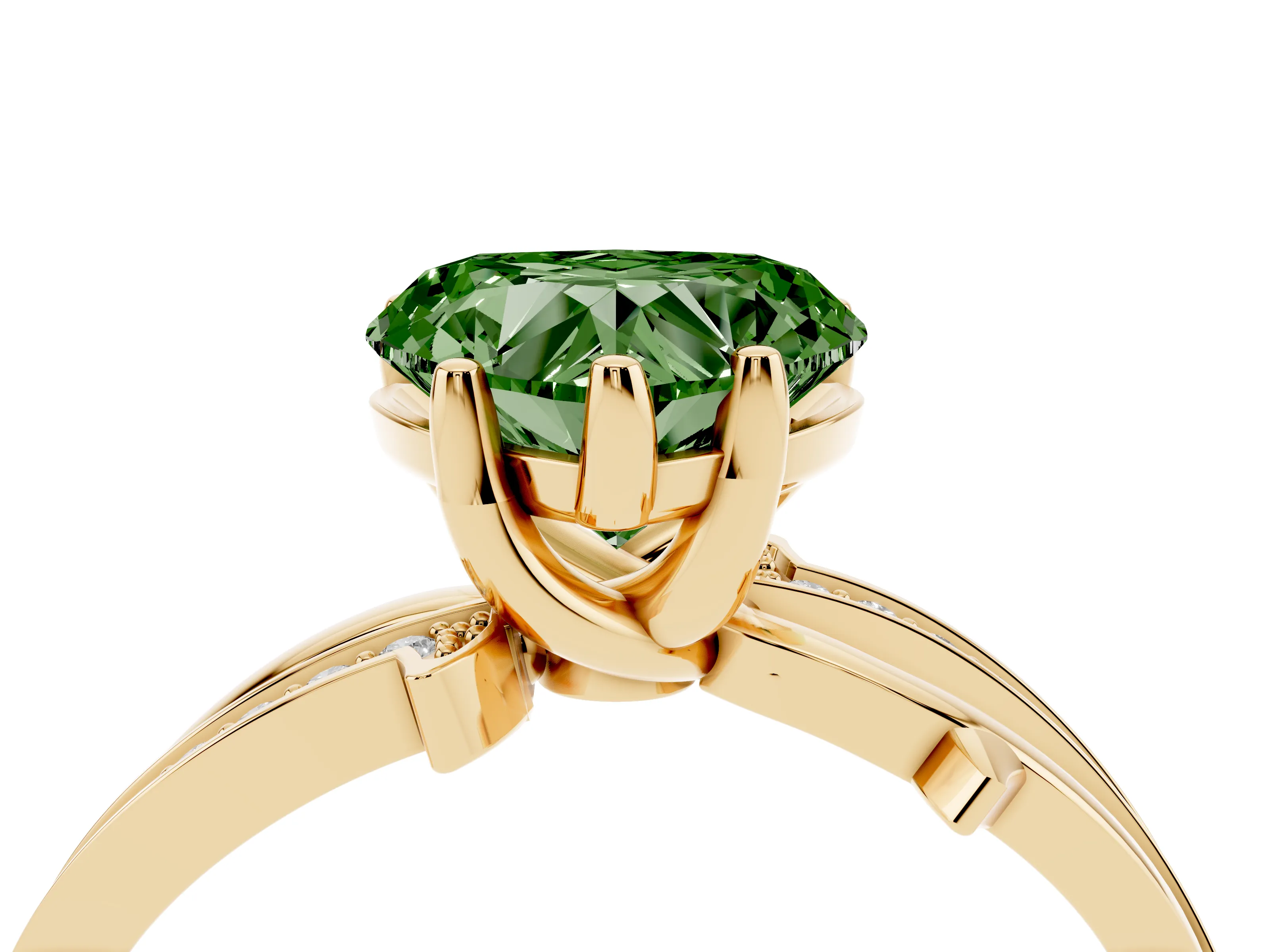 Fancy Green Heart Cut Diamond Pavé Twist Band Solitaire Ring Set in Yellow gold with Prong Setting