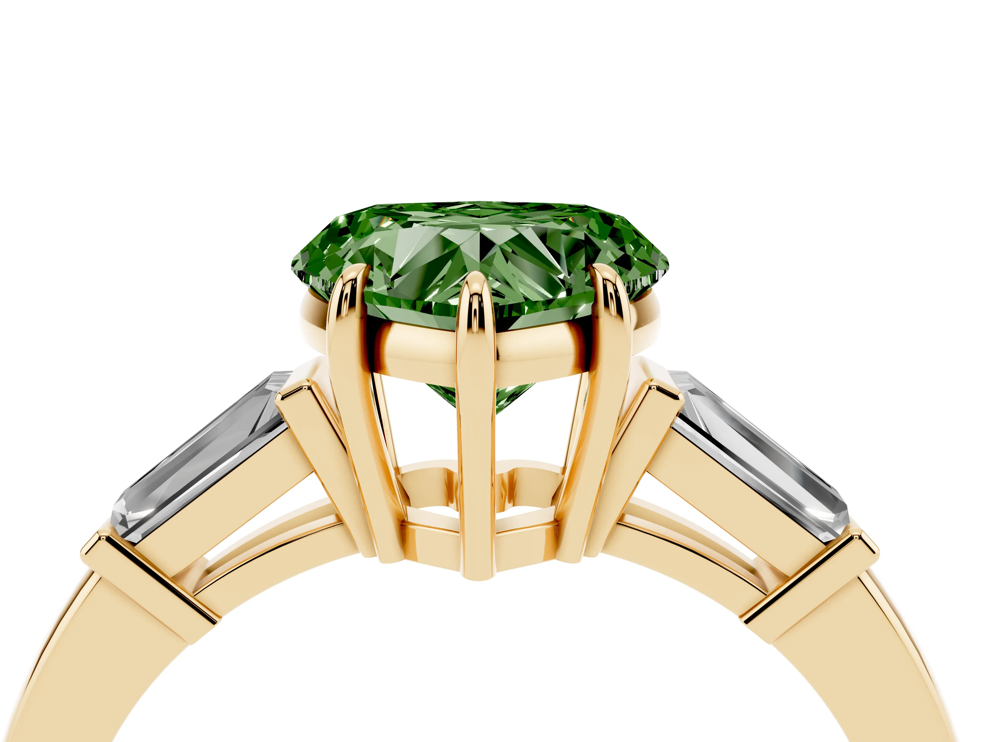 Fancy Green Heart Cut Diamond Three-Stone Ring Set in Yellow gold with Tapered Baguette Side Stones and Prong Setting