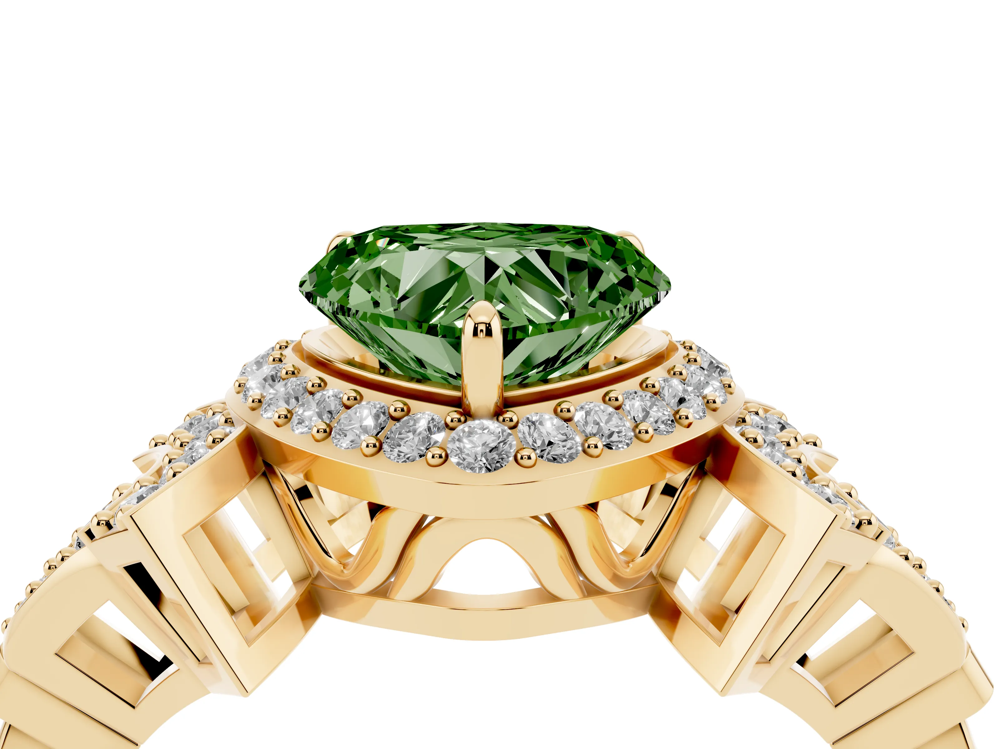 Fancy Green Heart Cut Diamond Halo Engagement Ring Set in Yellow gold with Accent Stone Split Shank