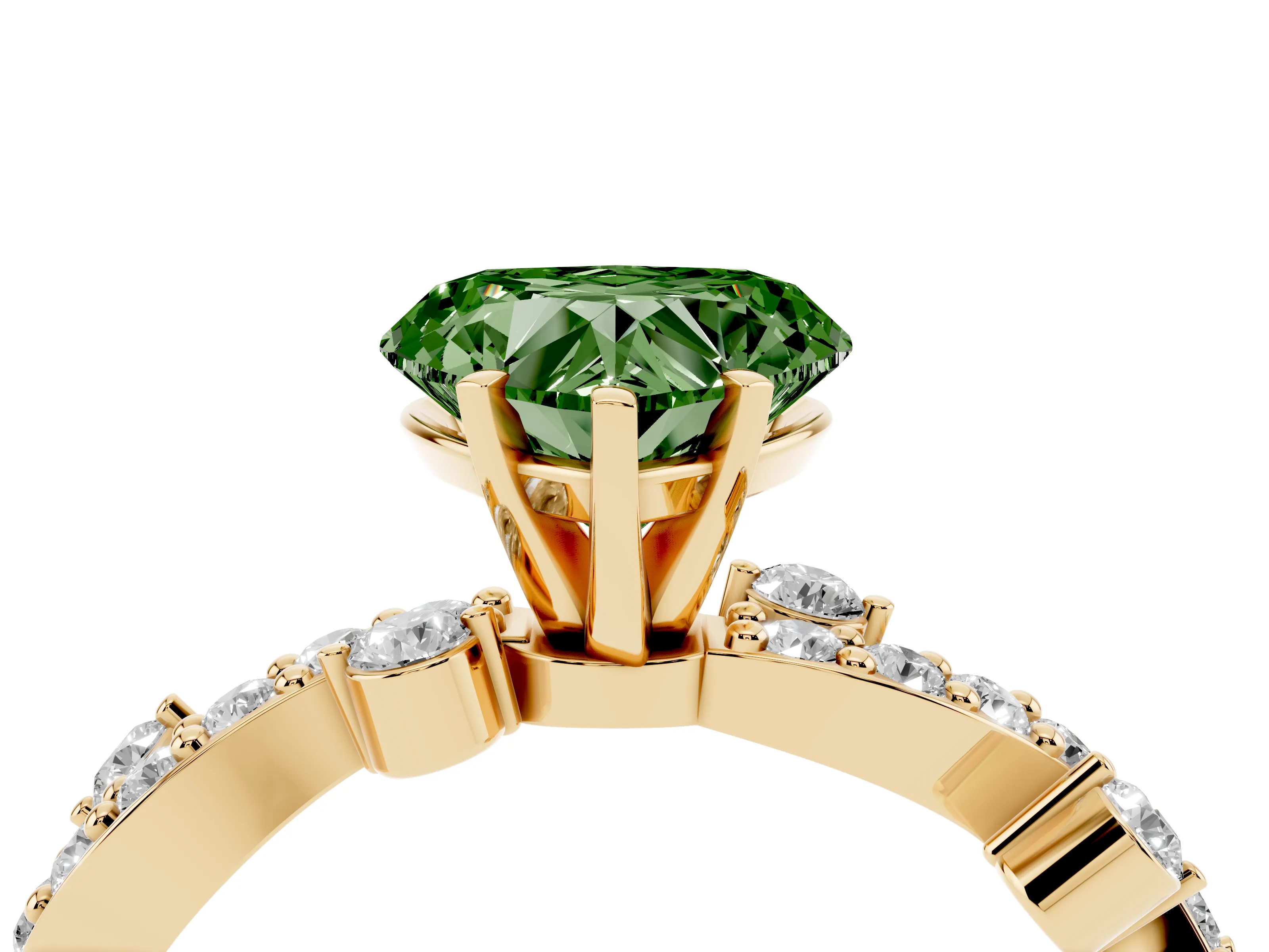 Fancy Green Heart Cut Diamond Solitaire Twisted Band Set in Yellow gold with Pavé Setting