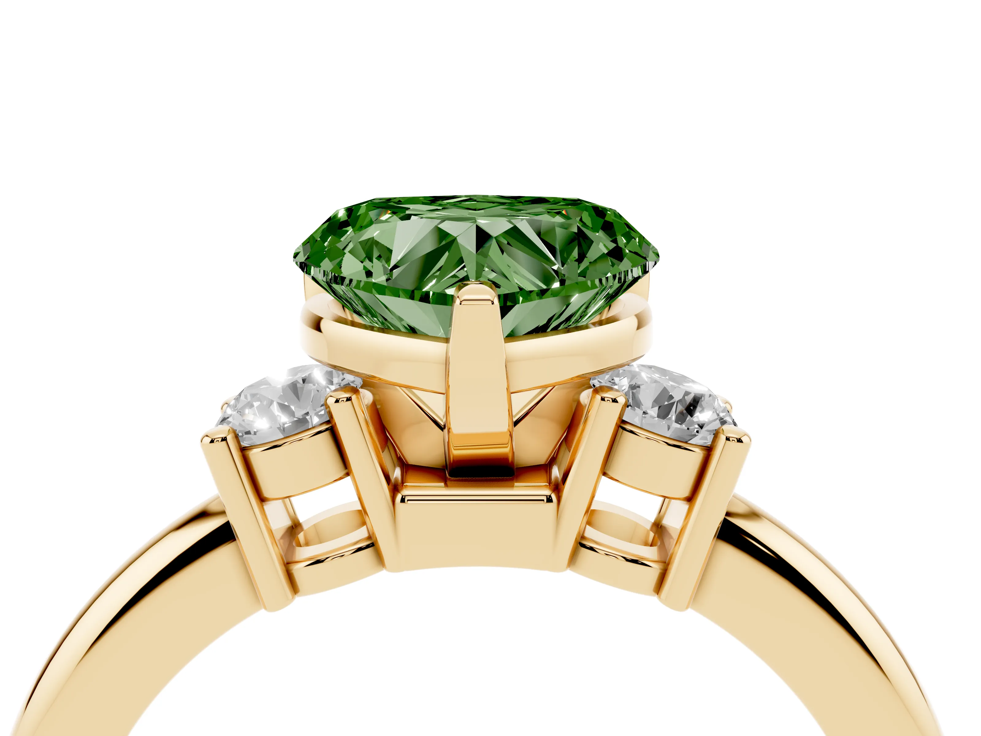 Fancy Green Three-Stone Heart Cut Diamond Ring Set in Yellow gold with Prong Setting and Plain Band