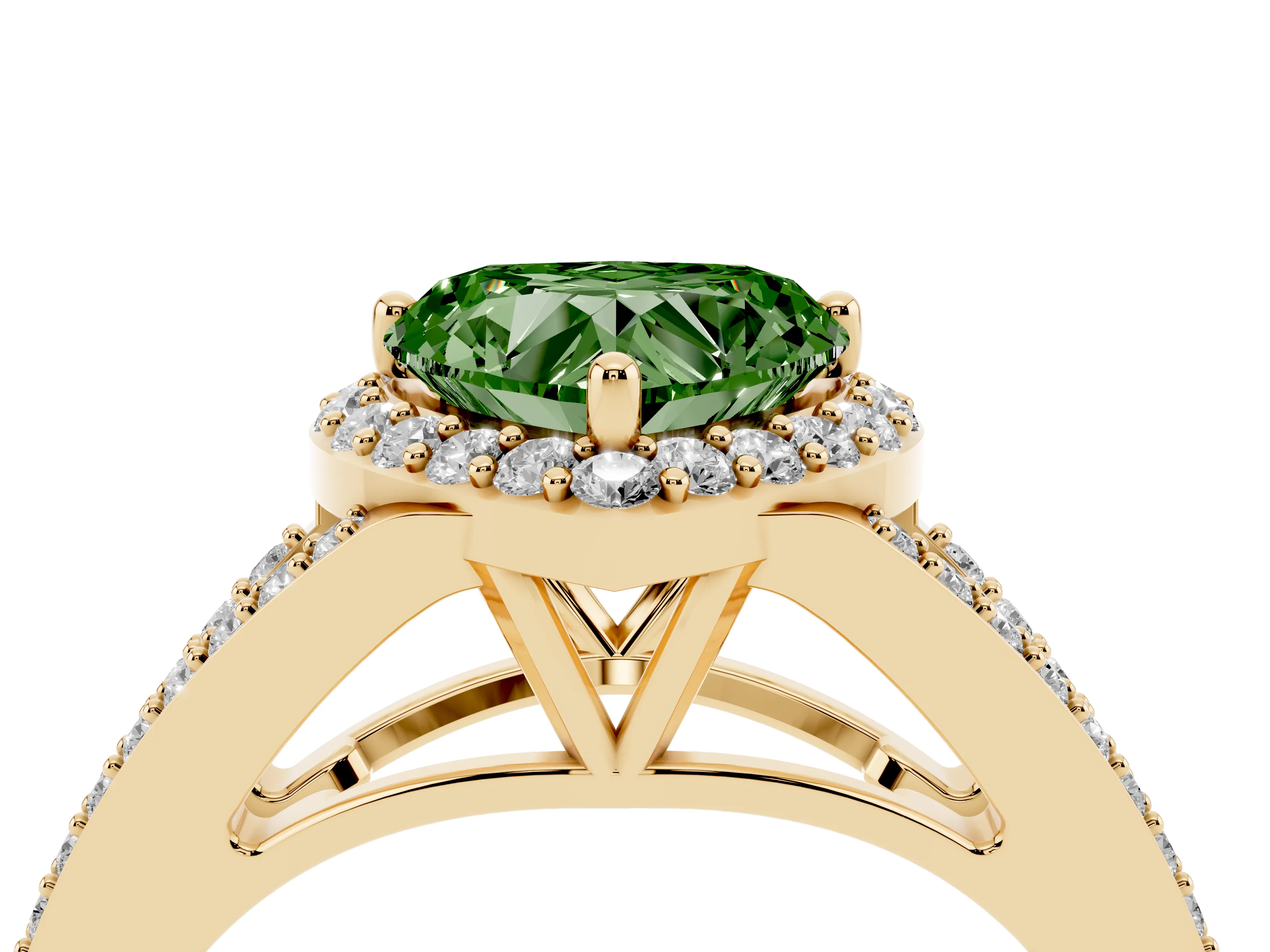 Fancy Green Heart Cut Diamond Halo Split Shank Pavé Ring Set in Yellow gold with Prong Setting