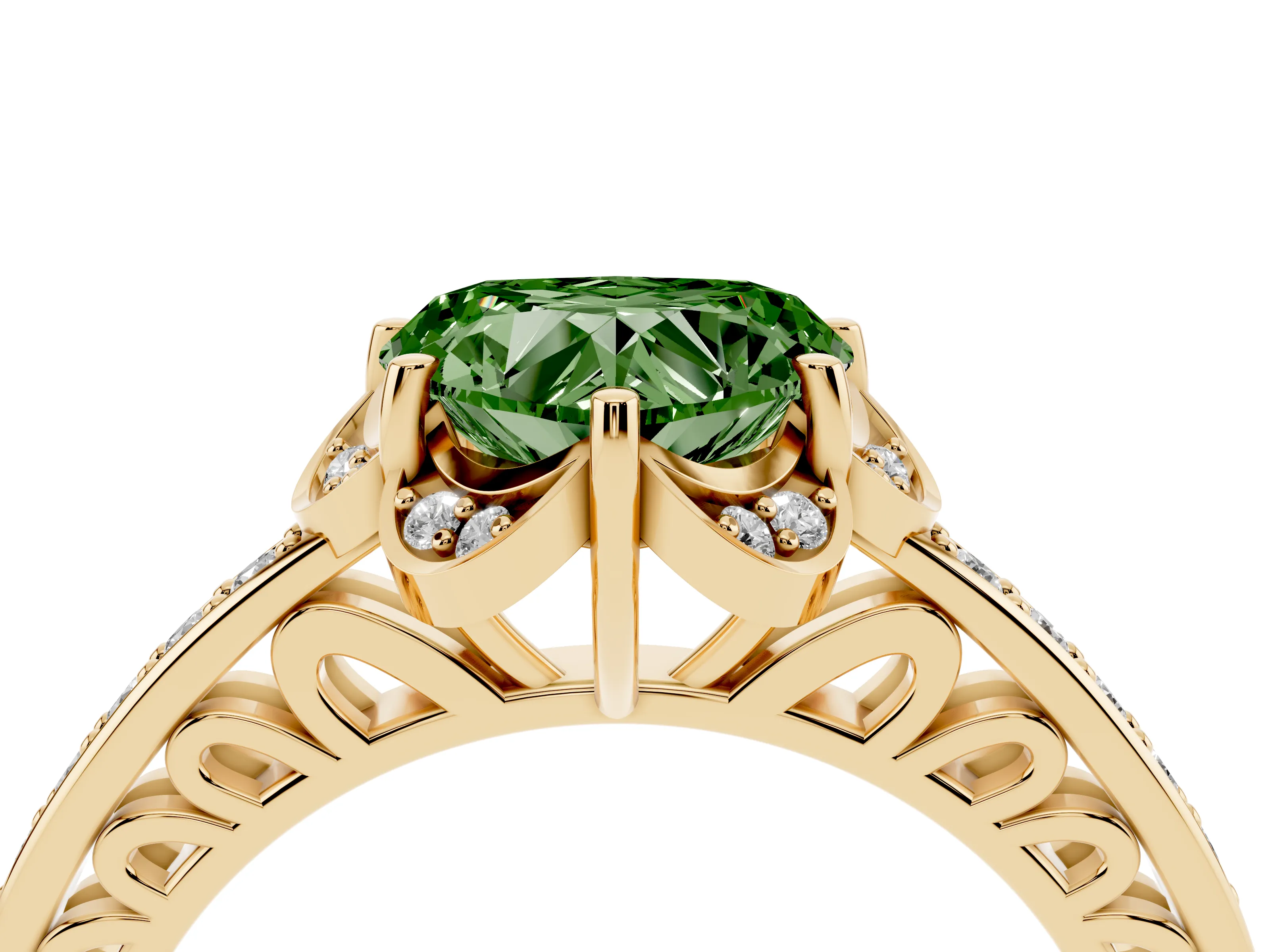 Fancy Green Heart Cut Diamond Halo Ring Set in Yellow gold with Channel Set Band and Prong Setting