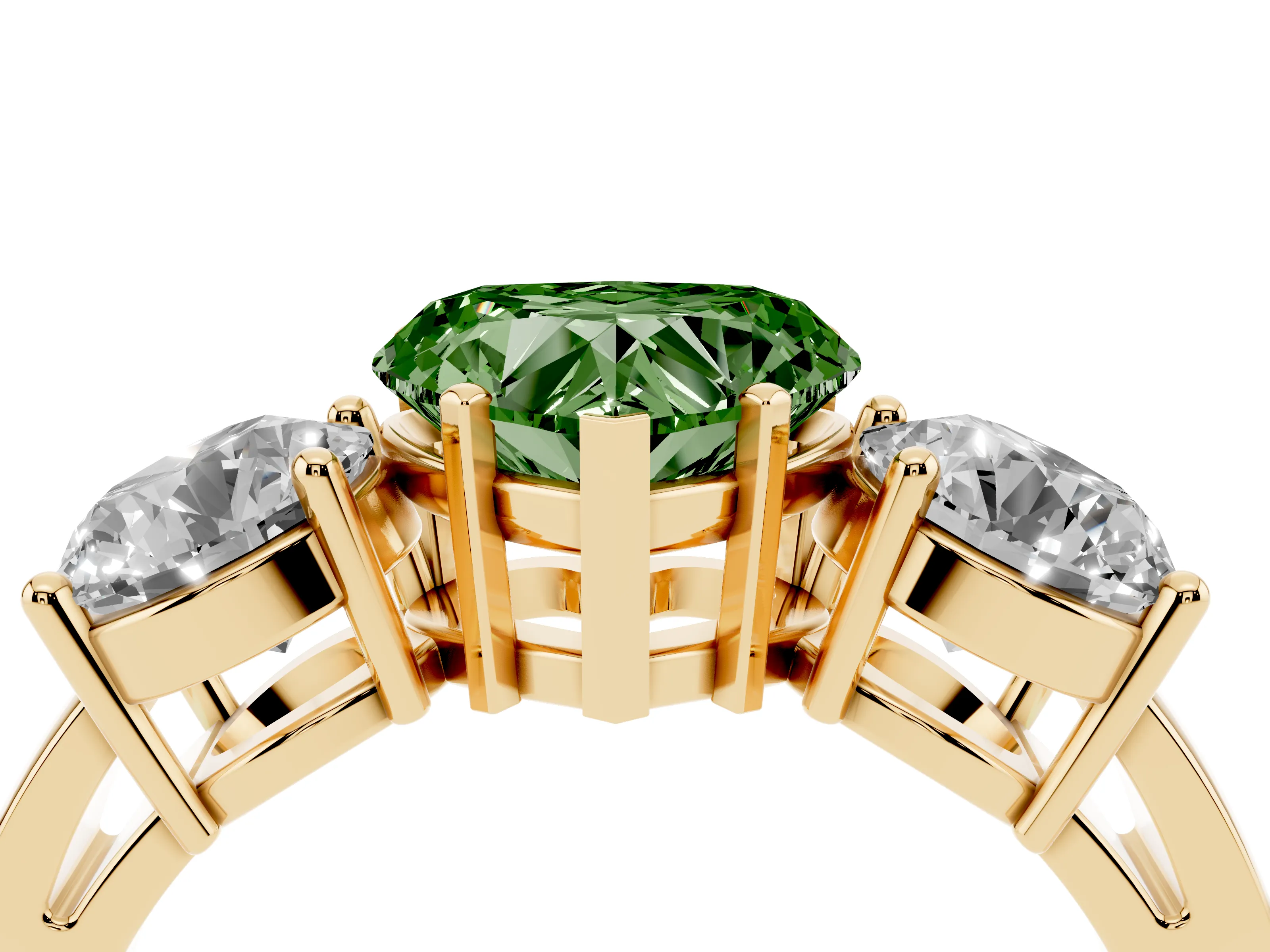 Fancy Green Heart Cut Diamond Three-Stone Ring Set in Yellow gold with Round Side Stones and Classic Band