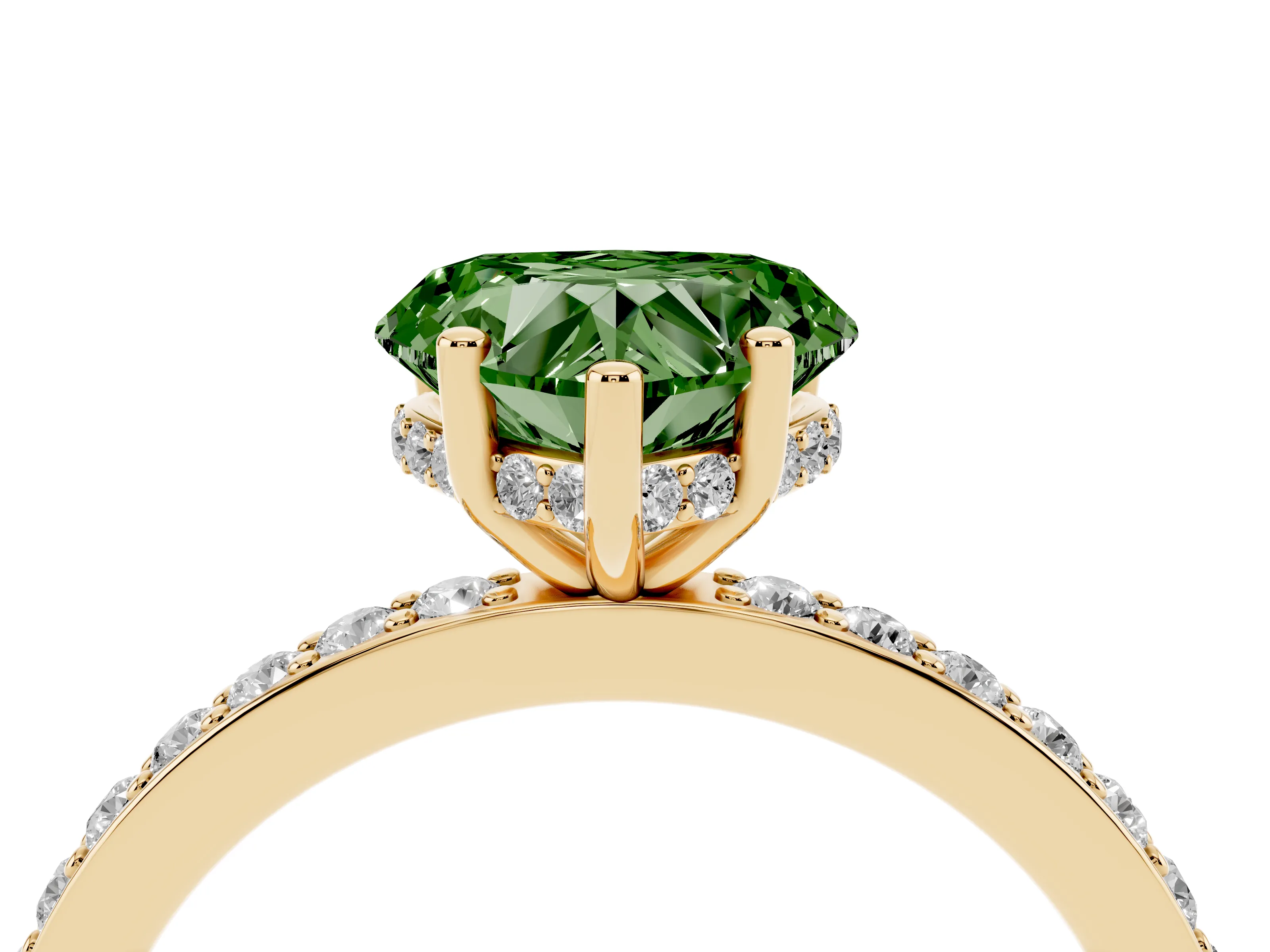 Fancy Green Heart Cut Diamond Pavé Band Ring Set in Yellow gold with Prong-Set Center Stone