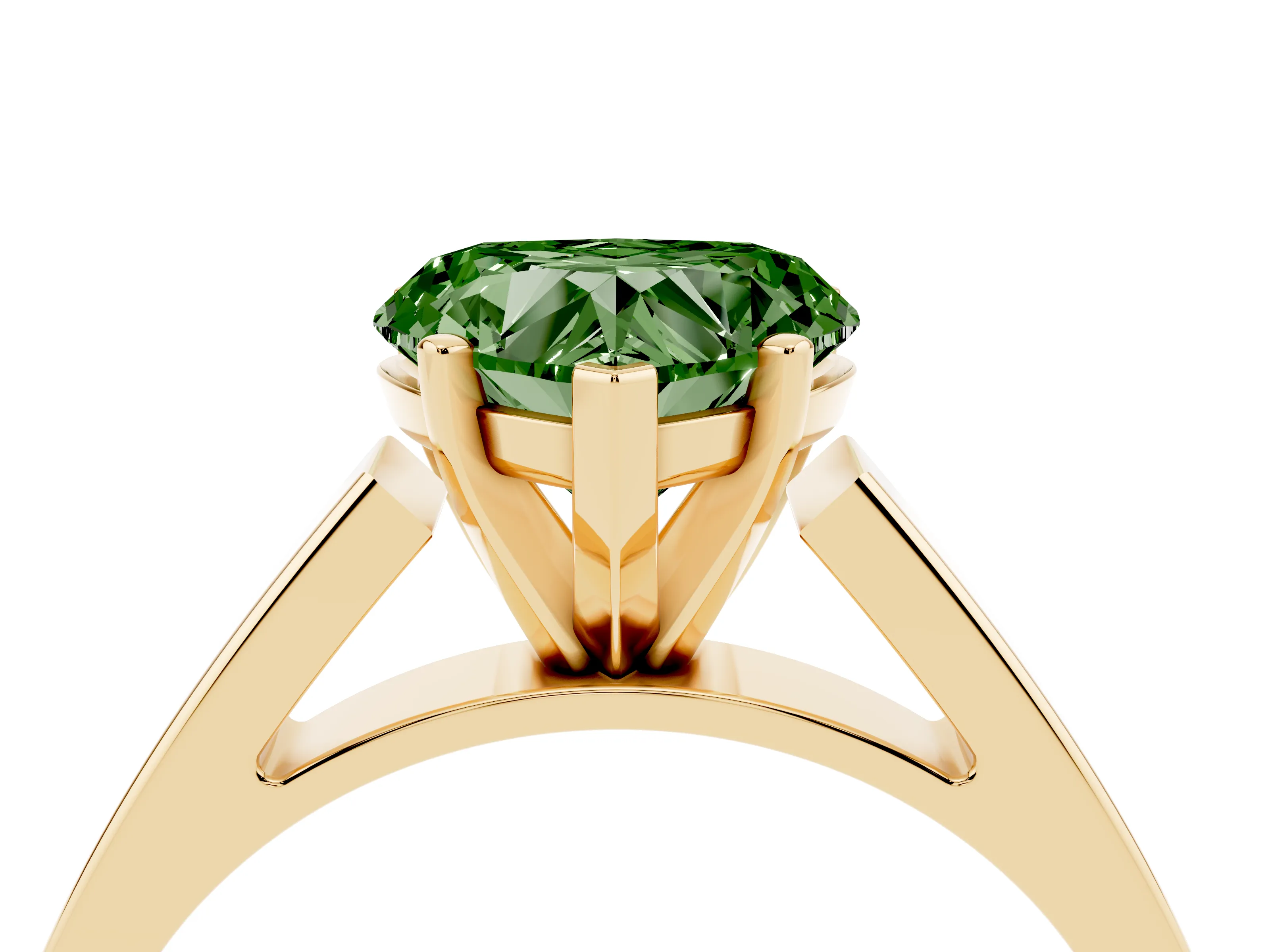 Fancy Green Heart Cut Diamond Solitaire Engagement Ring Set in Yellow gold with Prong Setting and Tapered Band