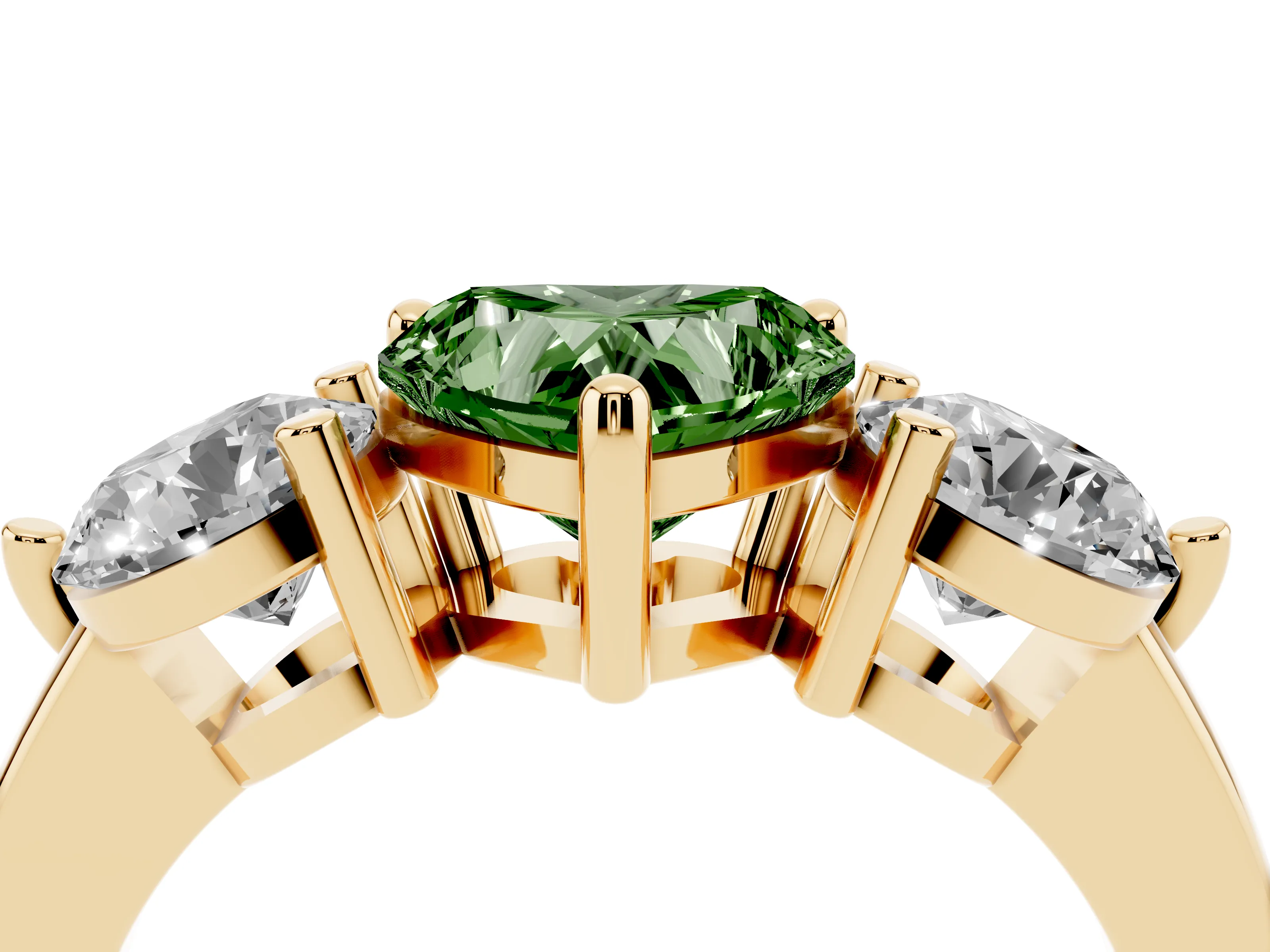 Fancy Green Heart Cut Diamond Three-Stone Ring Set in Yellow gold with Prong Setting and Classic Band