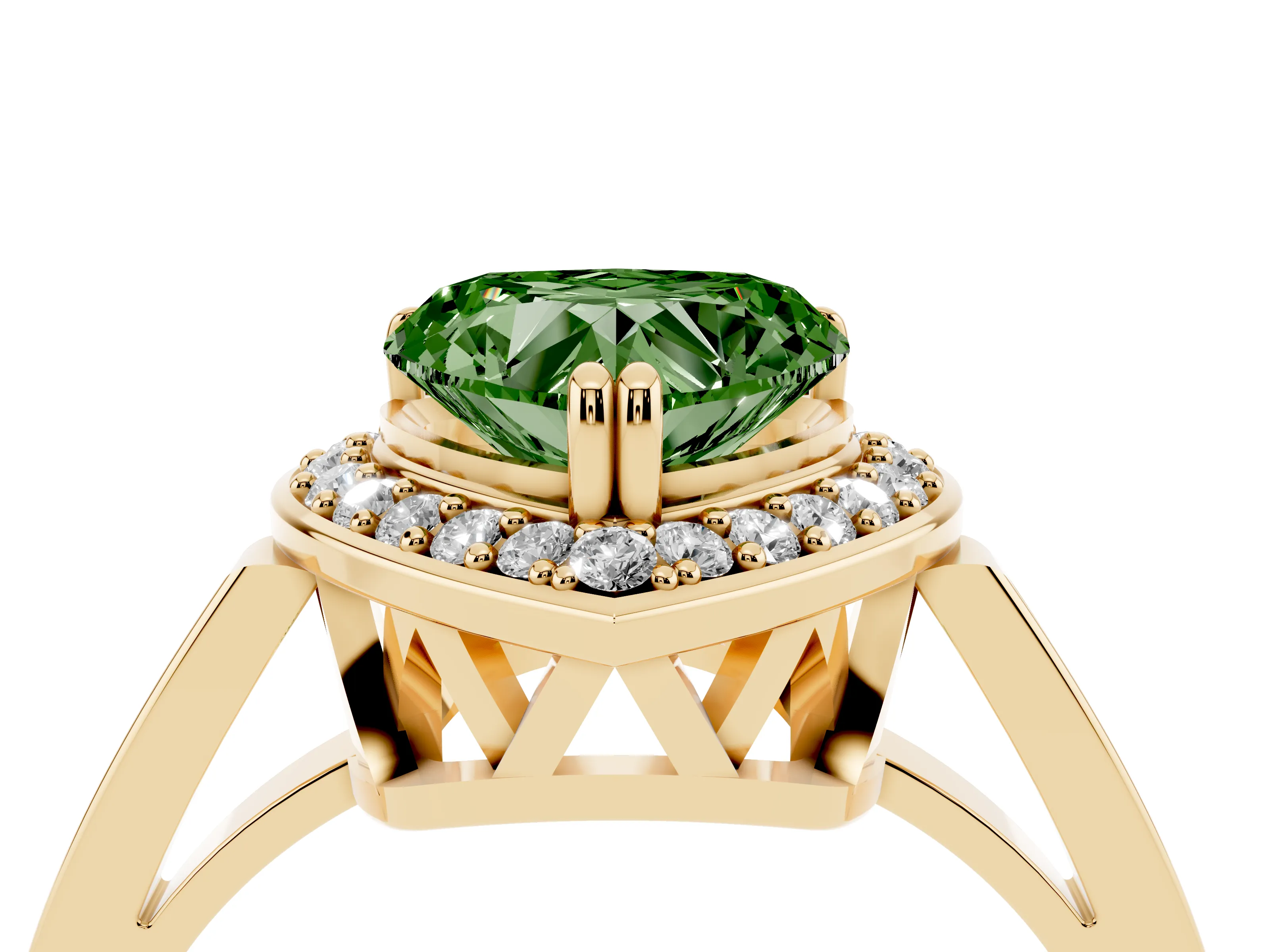 Fancy Green Heart Cut Diamond Halo Ring Set in Yellow gold with Accent-Lined Split Shank and Prong Setting